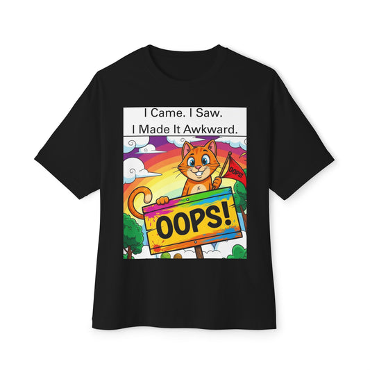 Oops Moments Cartoon Cat Unisex Tee, Awkward Encounter Oversized T-Shirt, Embrace Chaos Boxy Top, Introvert Gift, Cringe Apparel