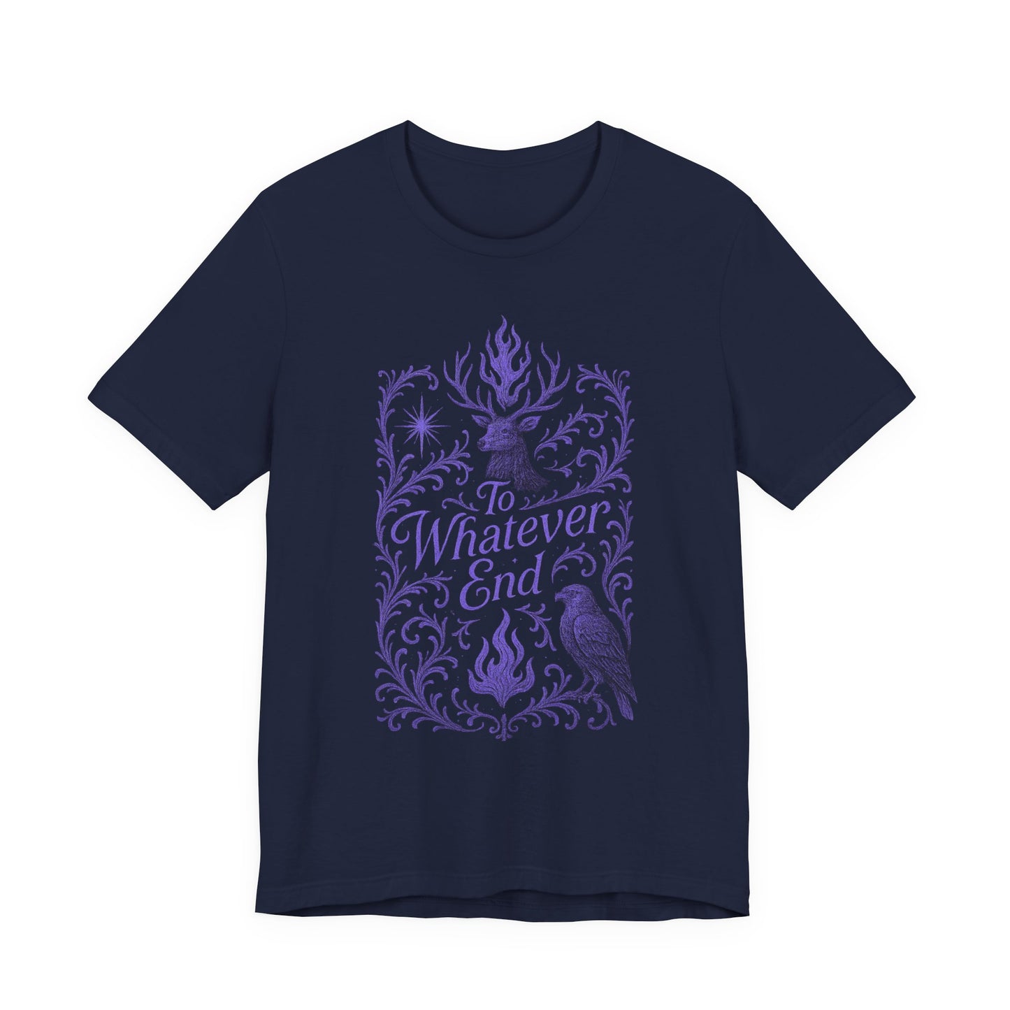 To Whatever End Book Lover Gift, Graphic Tee, Stag and Hawk Shirt, Unisex T-shirt, Dark Lilac Font, Flame and Star Motifs, TOG fans