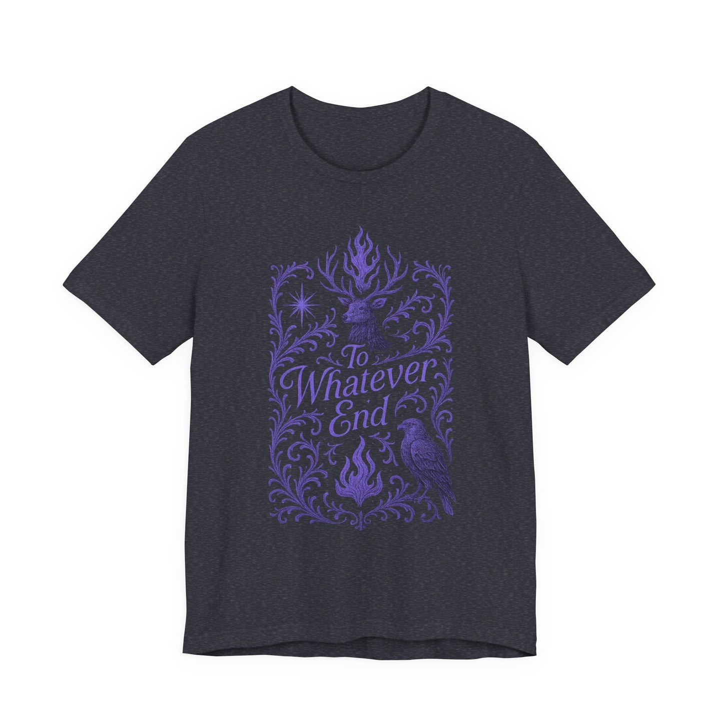 To Whatever End Book Lover Gift, Graphic Tee, Stag and Hawk Shirt, Unisex T-shirt, Dark Lilac Font, Flame and Star Motifs, TOG fans