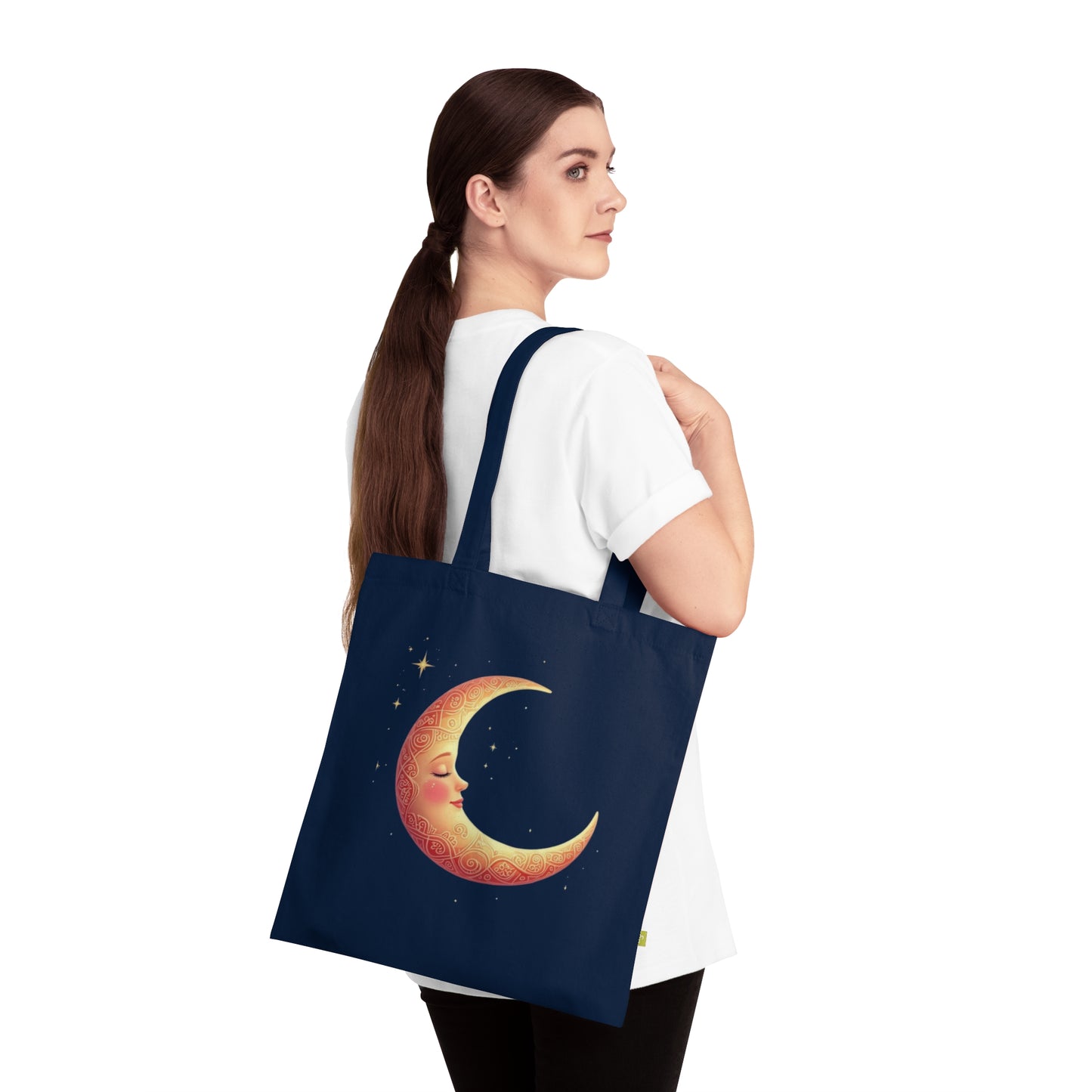 Crescent Moon Organic Tote Bag, Celestial Eco-Friendly Shopping Bag, Moon Phase Reusable Grocery Bag, Lunar Canvas Beach Tote, Stars Boho
