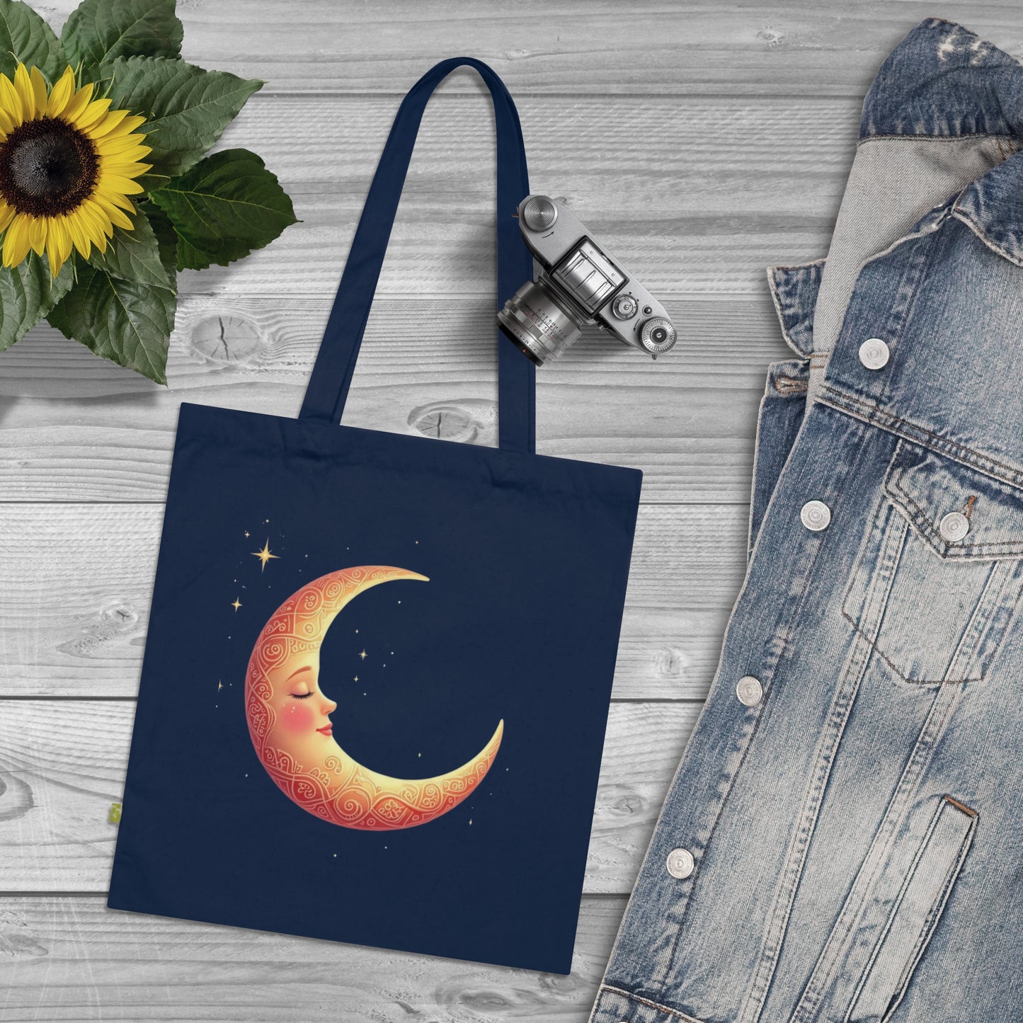 Crescent Moon Organic Tote Bag, Celestial Eco-Friendly Shopping Bag, Moon Phase Reusable Grocery Bag, Lunar Canvas Beach Tote, Stars Boho