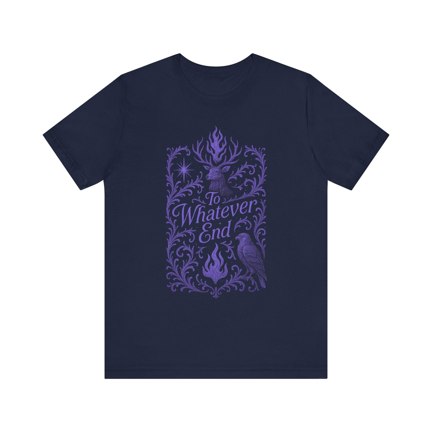 To Whatever End Book Lover Gift, Graphic Tee, Stag and Hawk Shirt, Unisex T-shirt, Dark Lilac Font, Flame and Star Motifs, TOG fans