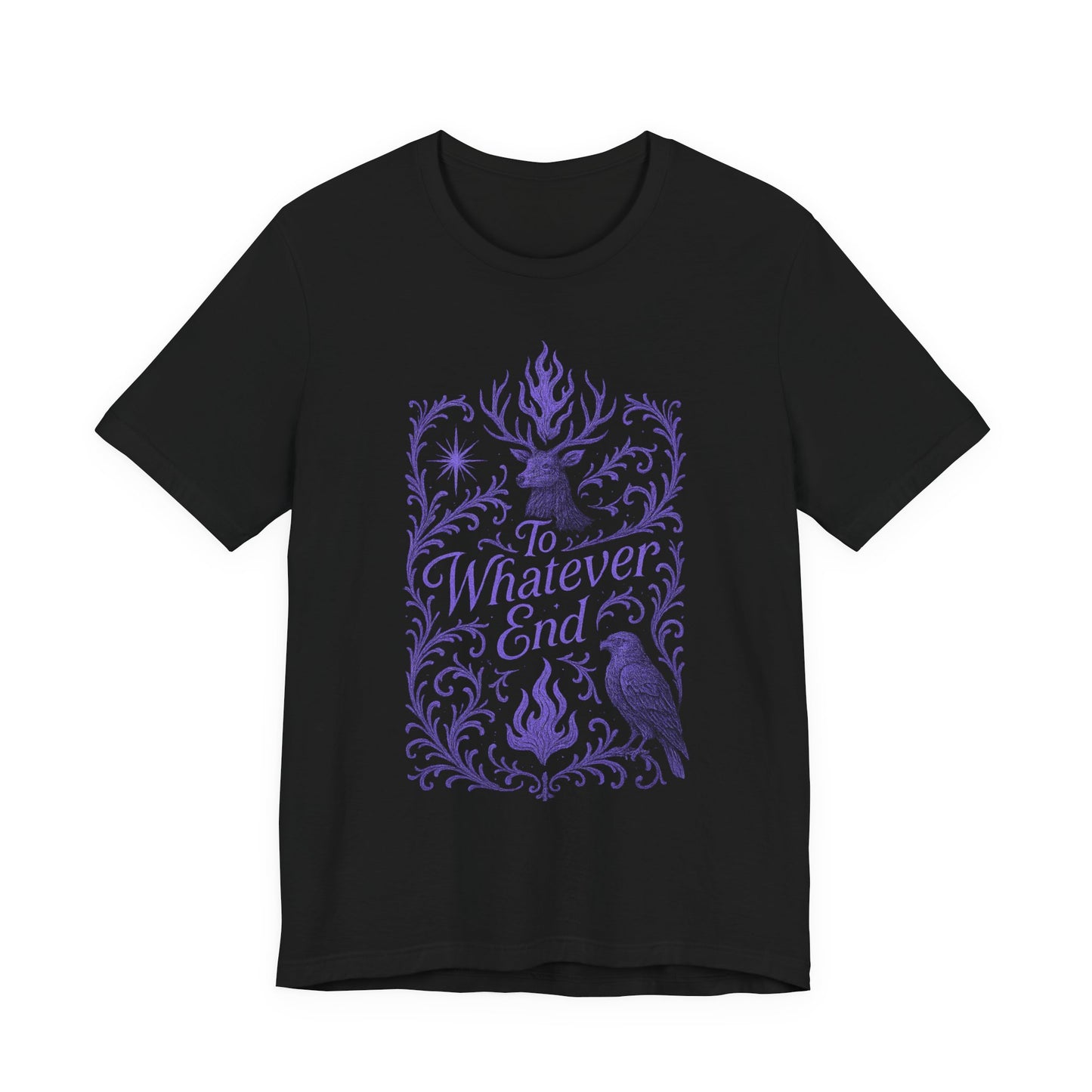 To Whatever End Book Lover Gift, Graphic Tee, Stag and Hawk Shirt, Unisex T-shirt, Dark Lilac Font, Flame and Star Motifs, TOG fans