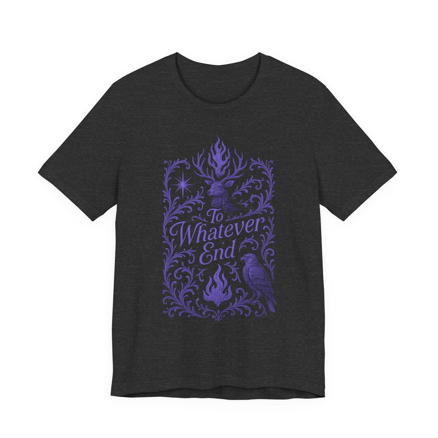 To Whatever End Book Lover Gift, Graphic Tee, Stag and Hawk Shirt, Unisex T-shirt, Dark Lilac Font, Flame and Star Motifs, TOG fans