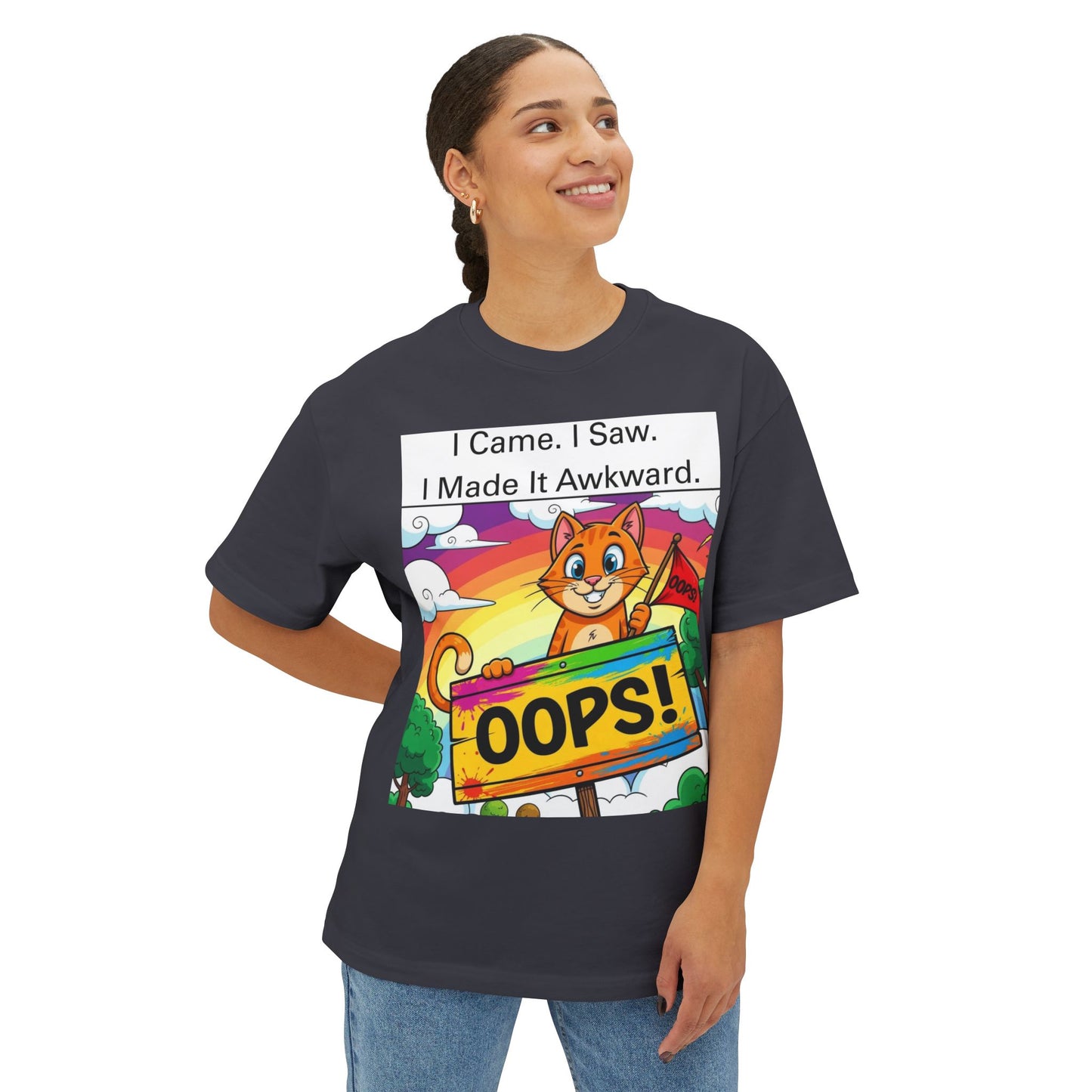 Oops Moments Cartoon Cat Unisex Tee, Awkward Encounter Oversized T-Shirt, Embrace Chaos Boxy Top, Introvert Gift, Cringe Apparel
