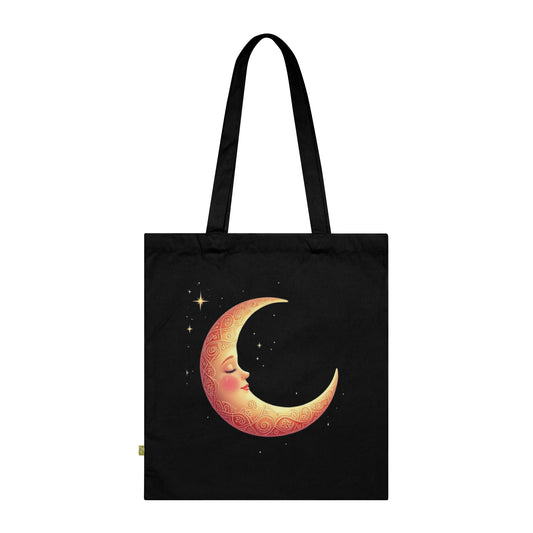 Crescent Moon Organic Tote Bag, Celestial Eco-Friendly Shopping Bag, Moon Phase Reusable Grocery Bag, Lunar Canvas Beach Tote, Stars Boho