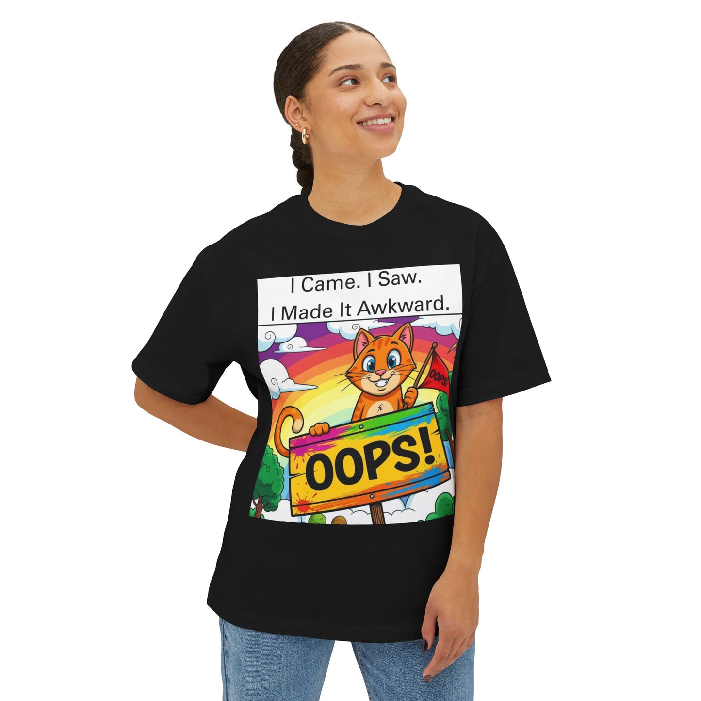 Oops Moments Cartoon Cat Unisex Tee, Awkward Encounter Oversized T-Shirt, Embrace Chaos Boxy Top, Introvert Gift, Cringe Apparel