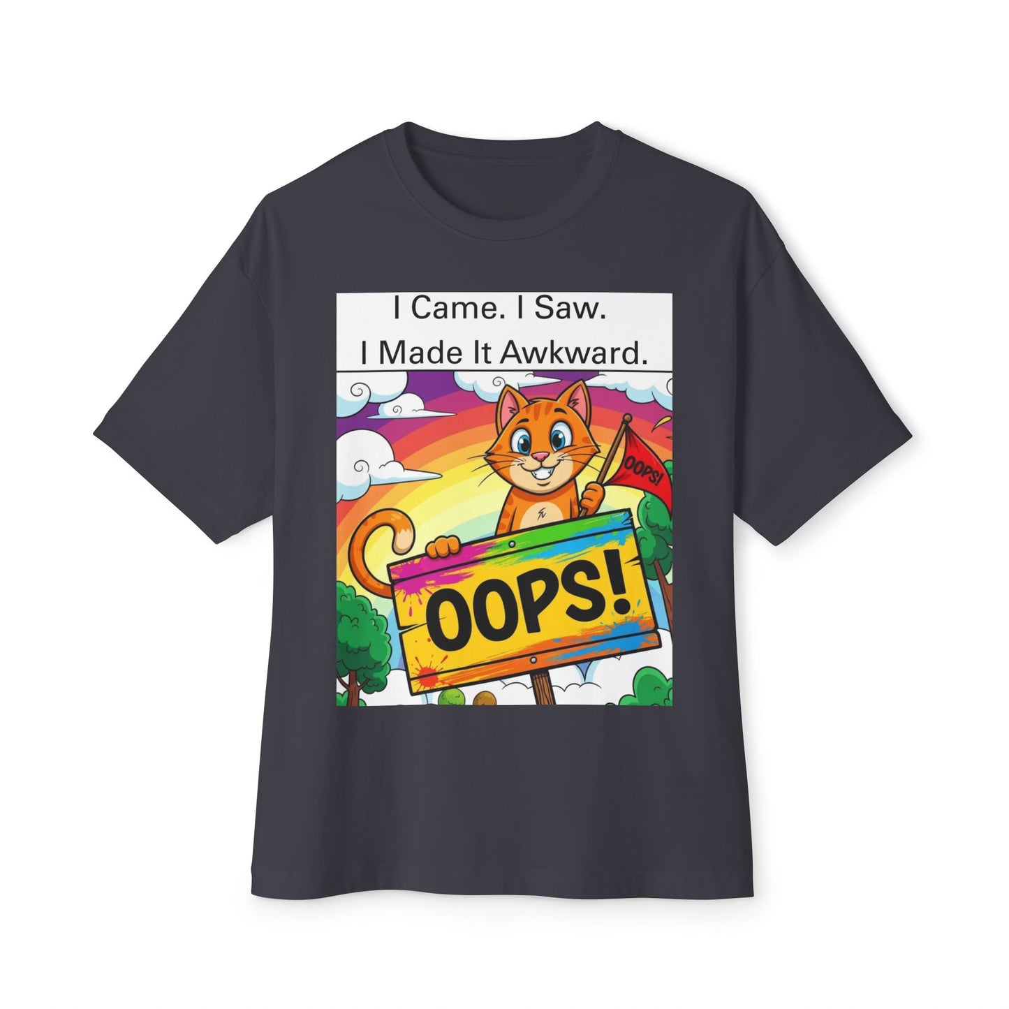 Oops Moments Cartoon Cat Unisex Tee, Awkward Encounter Oversized T-Shirt, Embrace Chaos Boxy Top, Introvert Gift, Cringe Apparel