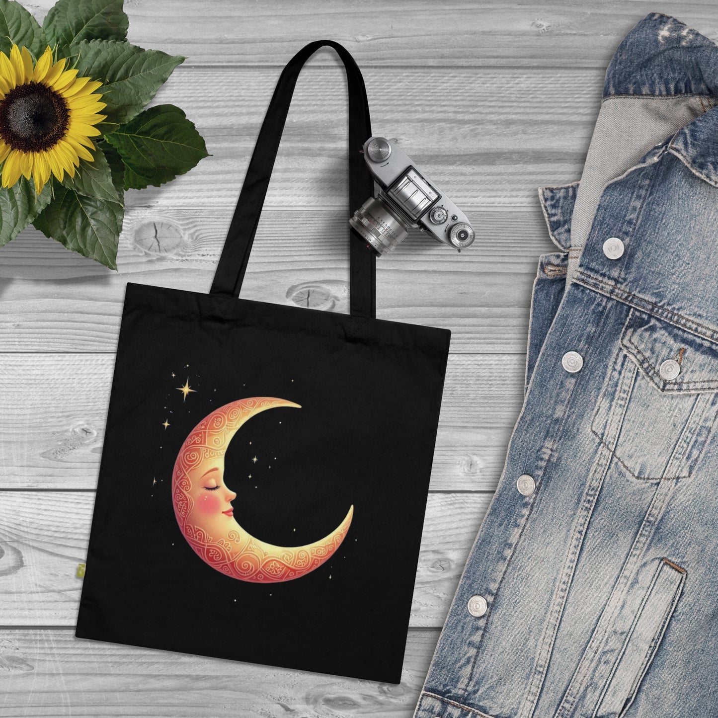 Crescent Moon Organic Tote Bag, Celestial Eco-Friendly Shopping Bag, Moon Phase Reusable Grocery Bag, Lunar Canvas Beach Tote, Stars Boho