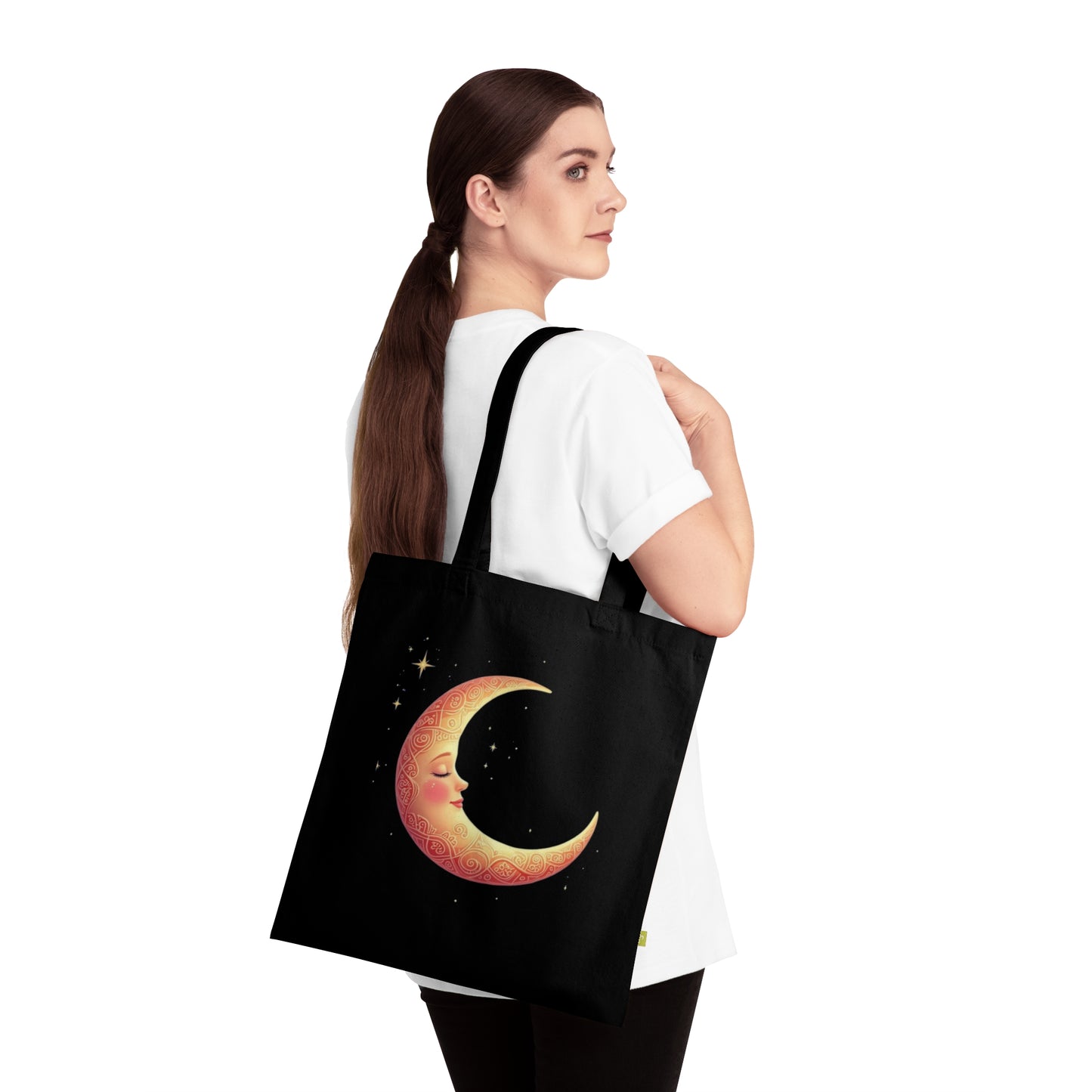 Crescent Moon Organic Tote Bag, Celestial Eco-Friendly Shopping Bag, Moon Phase Reusable Grocery Bag, Lunar Canvas Beach Tote, Stars Boho