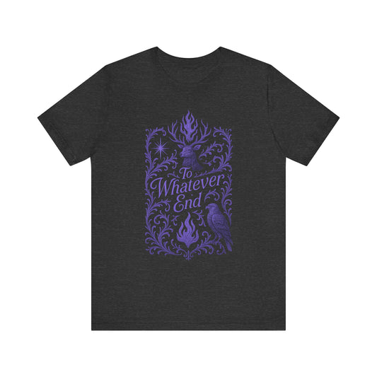 To Whatever End Book Lover Gift, Graphic Tee, Stag and Hawk Shirt, Unisex T-shirt, Dark Lilac Font, Flame and Star Motifs, TOG fans