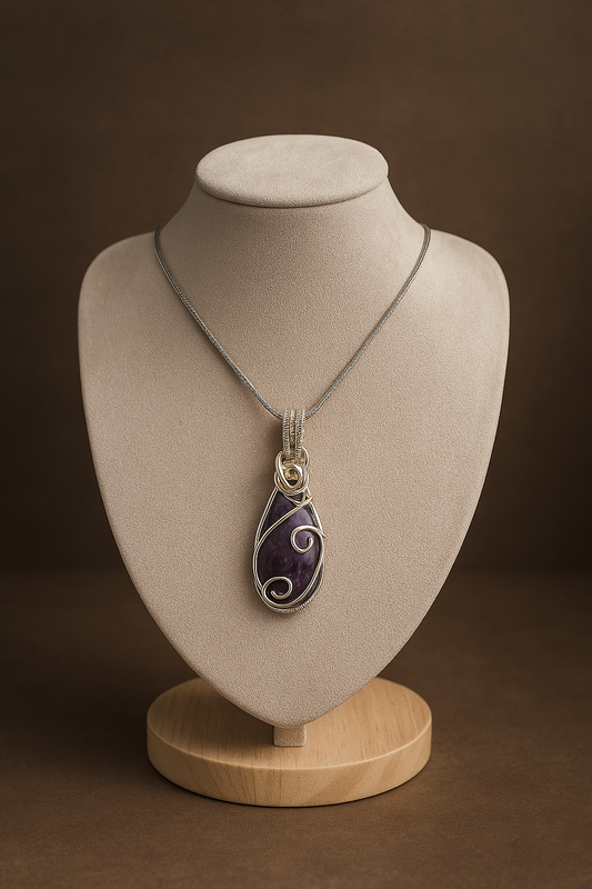 Storm Pendant | Handcrafted Lepidolite & Amethyst Pendant with Mother of Pearl Flower | Wire Wrapped Artisan Necklace | Calming Crystal Jewellery