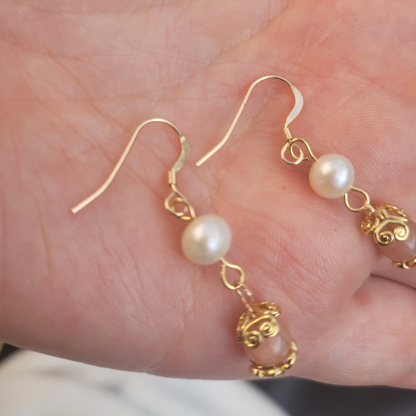 Peach Moonstone and Pearl Earrings - Daonna Designs