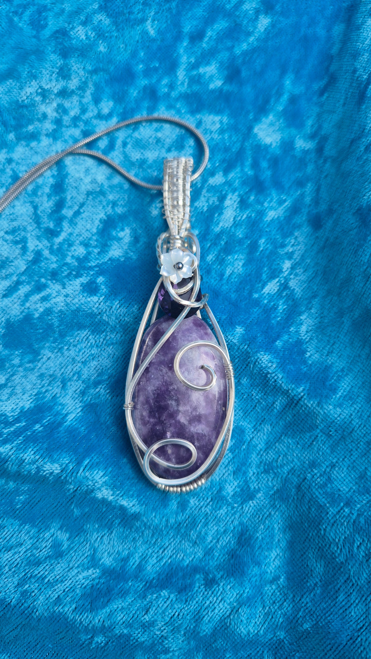 Storm Pendant | Handcrafted Lepidolite & Amethyst Pendant with Mother of Pearl Flower | Wire Wrapped Artisan Necklace | Calming Crystal Jewellery