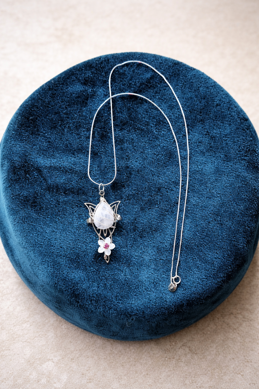 Moonstone & Mother of Pearl Flower Necklace – Stainless Steel Pendant – 16” Sterling Silver Snake Chain – Celestial Fairy Jewellery