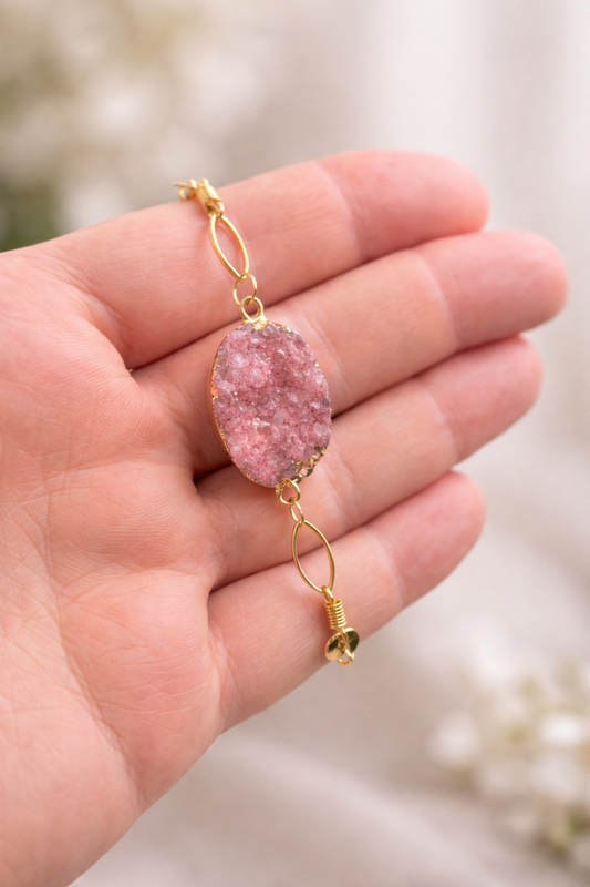 Pink Druzy Quartz Bracelet – Gold Filled Chain | Raw Crystal Statement Piece