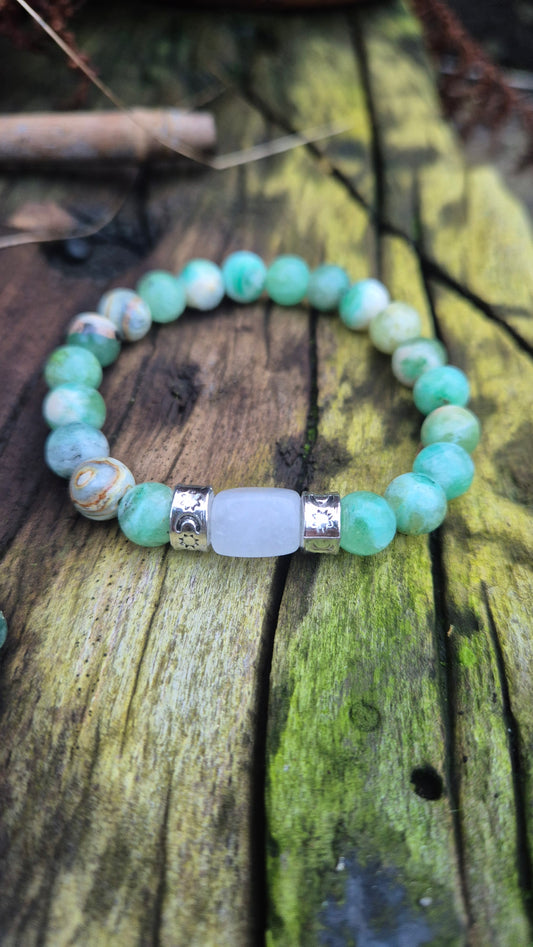 Green Jasper and White Jade | Stretch Bracelet | Silver Celestial Spacers | Handmade Gemstone Bracelet