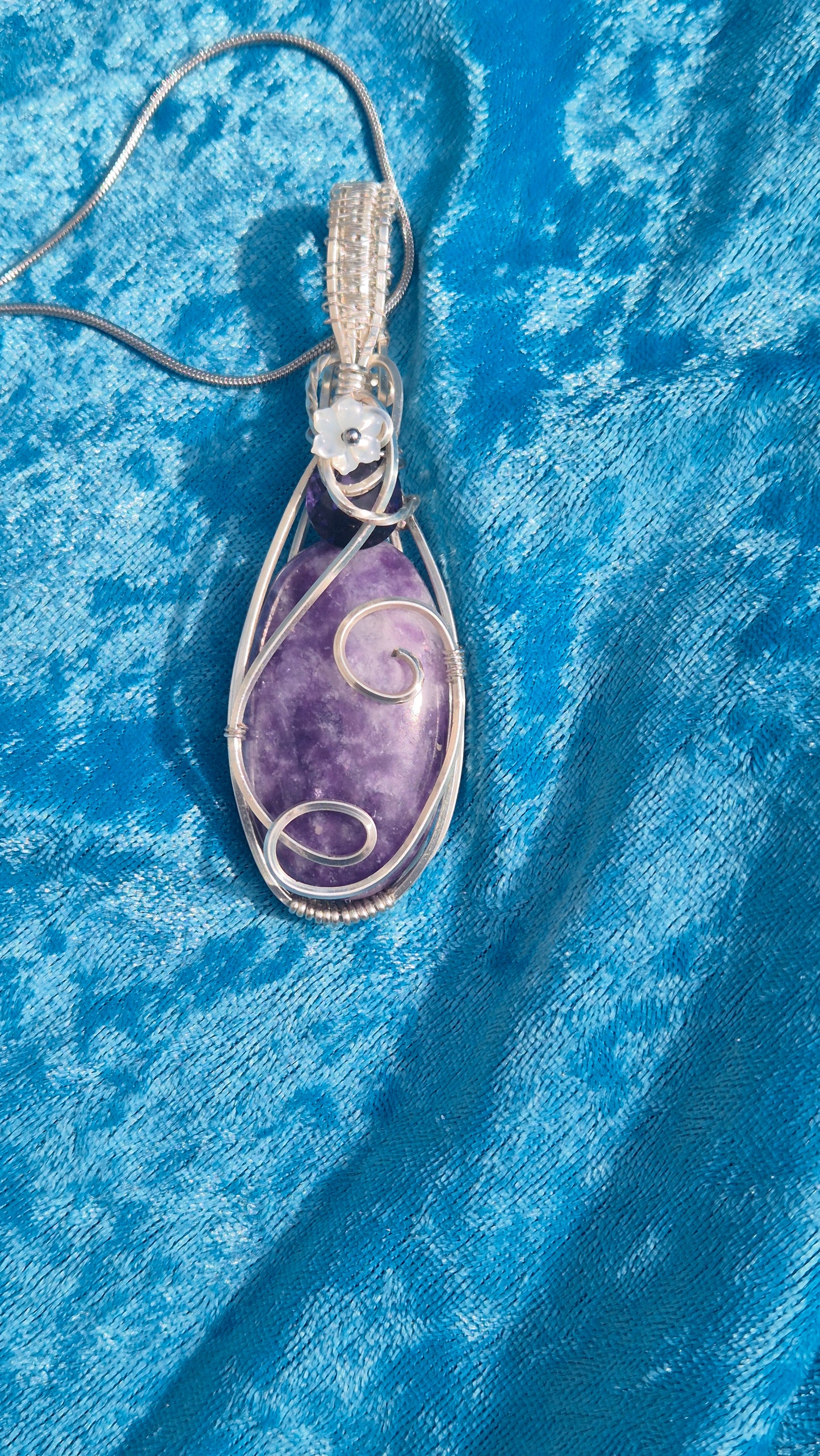 Storm Pendant | Handcrafted Lepidolite & Amethyst Pendant with Mother of Pearl Flower | Wire Wrapped Artisan Necklace | Calming Crystal Jewellery