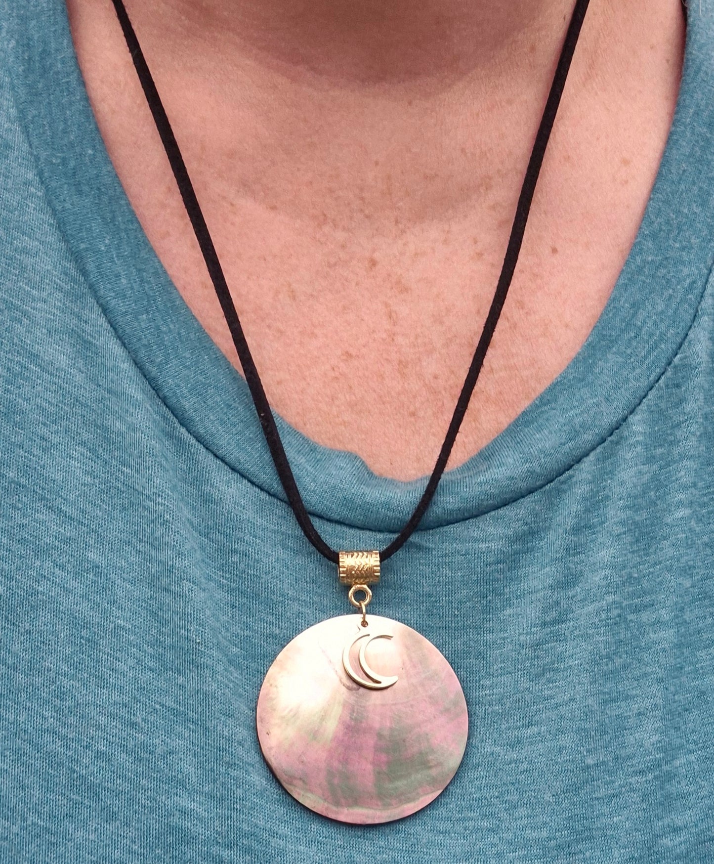 Lunar Light Pendant – Gold Crescent on Mother of Pearl (Gold Filled & Vegan Suede)