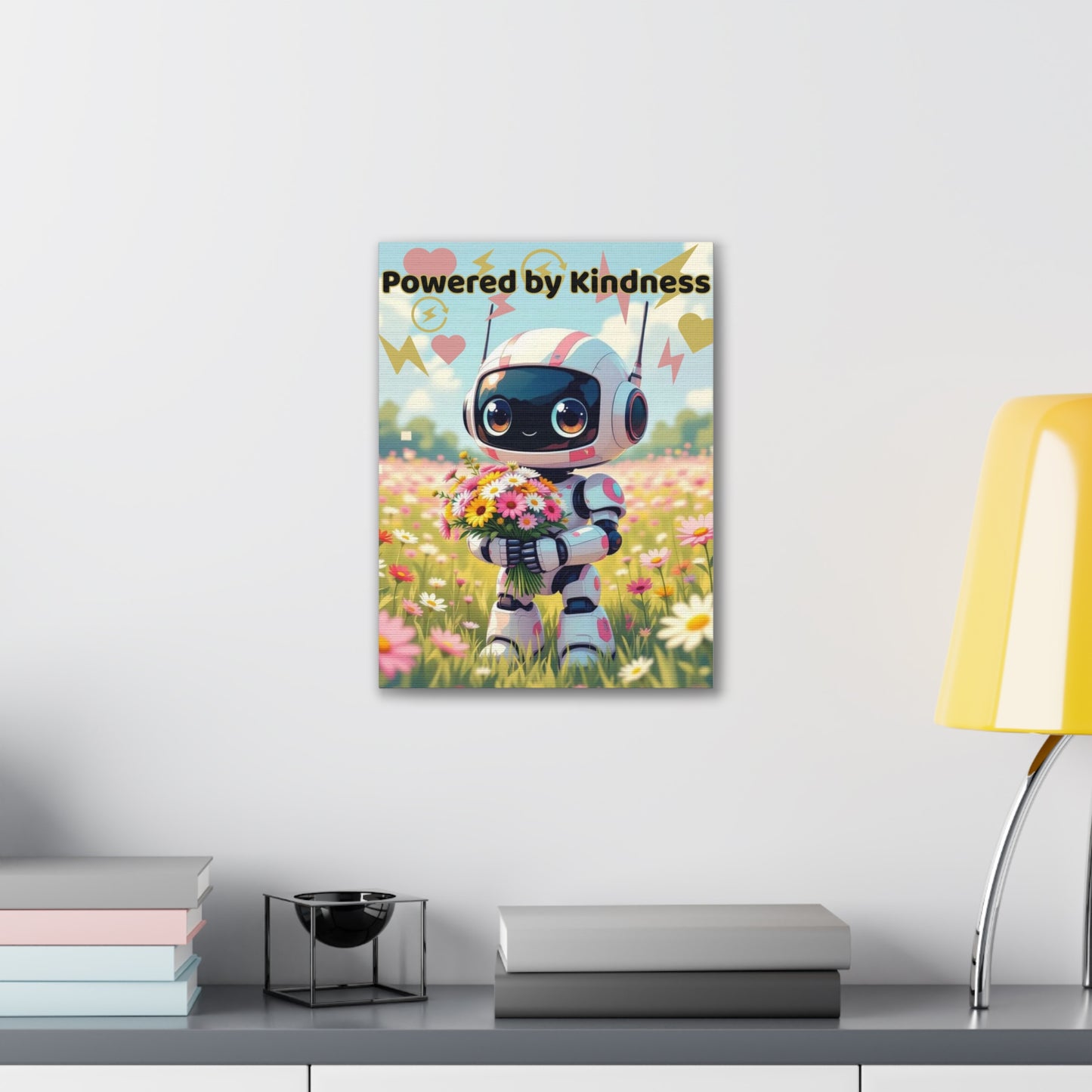 Whimsical Canvas Art Print - Powered by Kindness, Cute Robot Decor, Playroom Wall Art - Personalisation Available ✨️