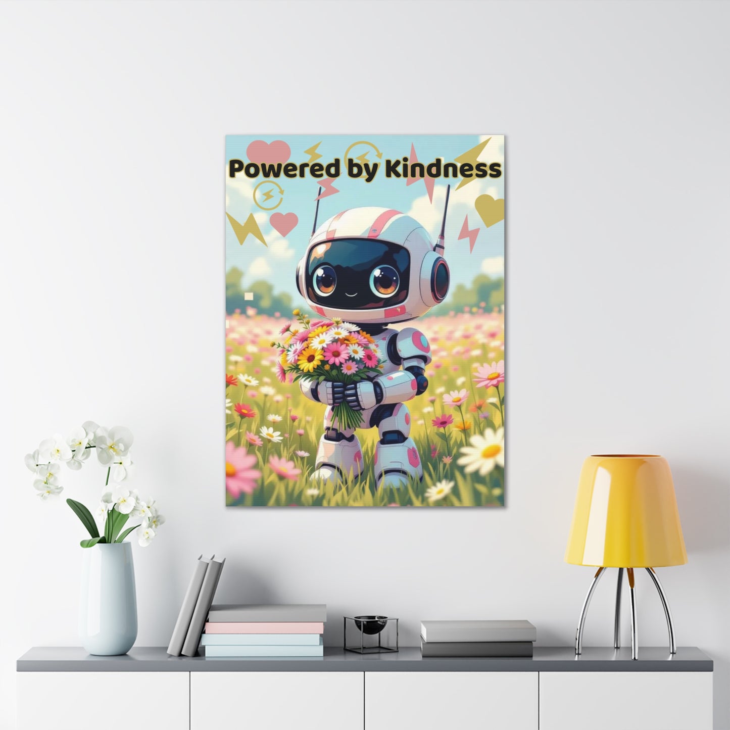 Whimsical Canvas Art Print - Powered by Kindness, Cute Robot Decor, Gift for Kids, Playroom Wall Art, Inspirational Home Decor, Unique [...]