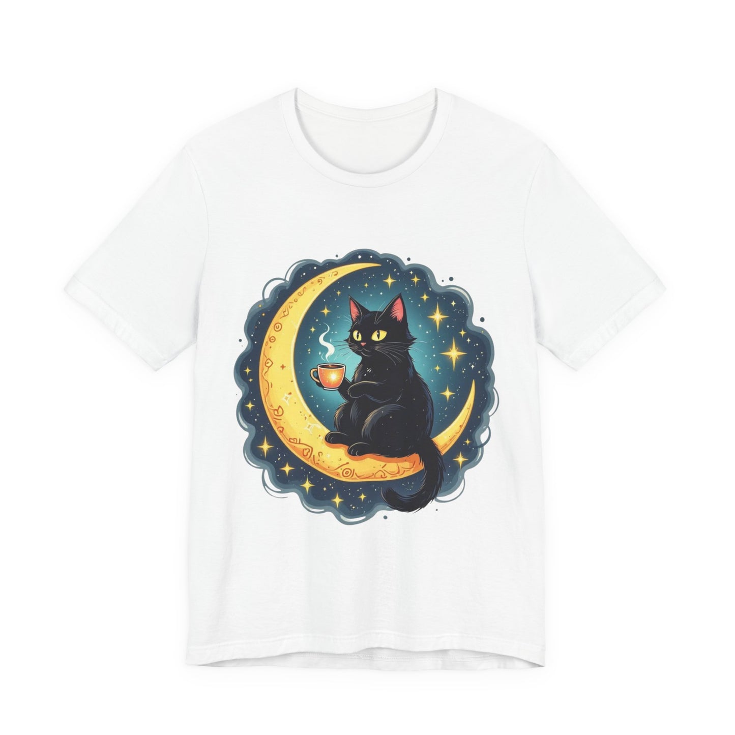 Mystical Black Cat on Crescent Moon T-Shirt | Cosmic Witchy Coffee Cat Tee