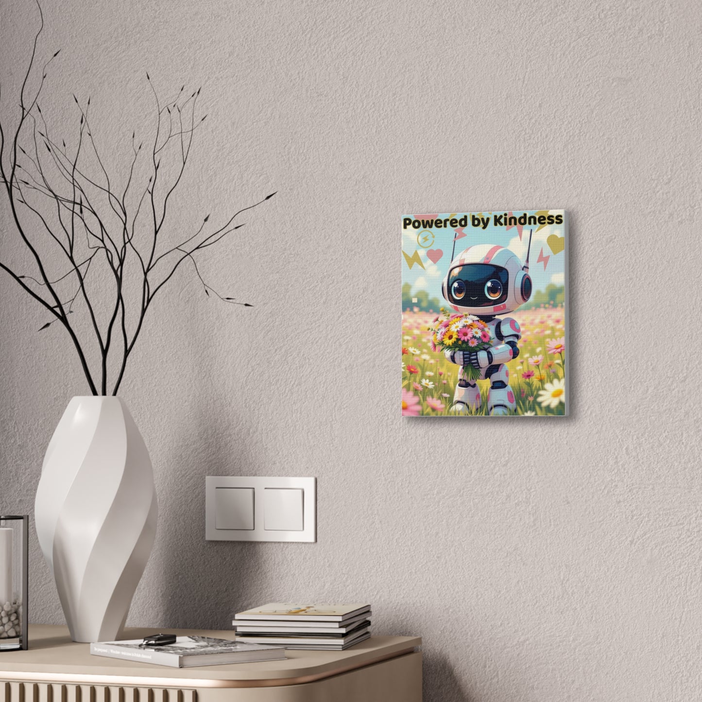 Whimsical Canvas Art Print - Powered by Kindness, Cute Robot Decor, Gift for Kids, Playroom Wall Art, Inspirational Home Decor, Unique [...]
