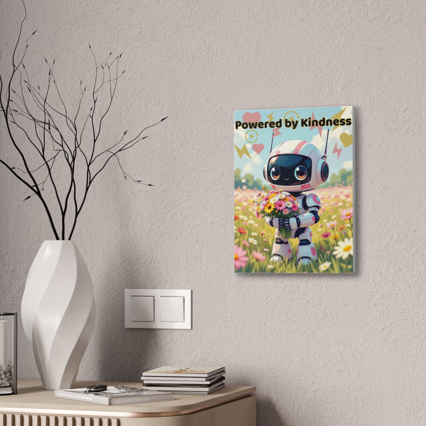 Whimsical Canvas Art Print - Powered by Kindness, Cute Robot Decor, Gift for Kids, Playroom Wall Art, Inspirational Home Decor, Unique [...]