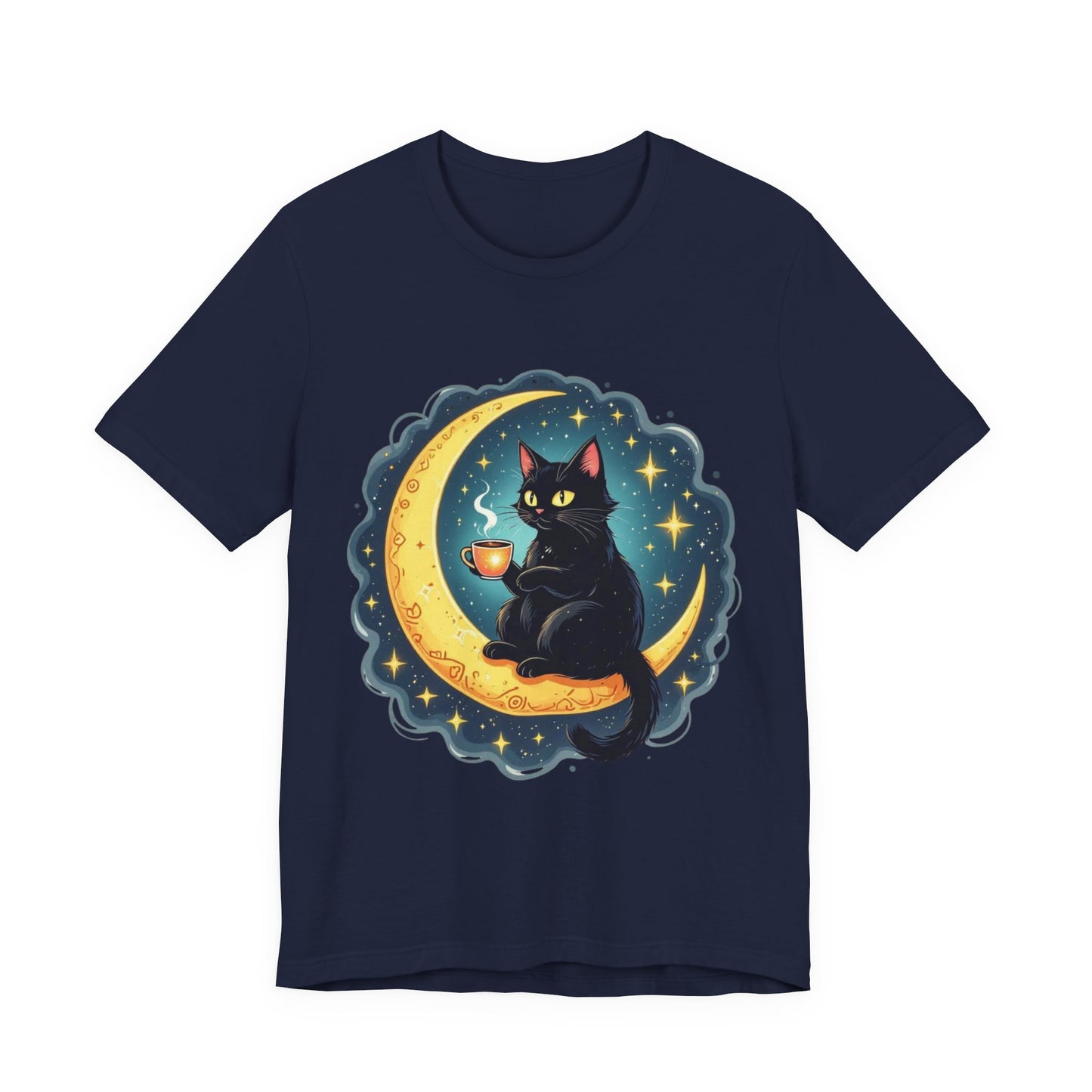 Mystical Black Cat on Crescent Moon T-Shirt | Cosmic Witchy Coffee Cat Tee