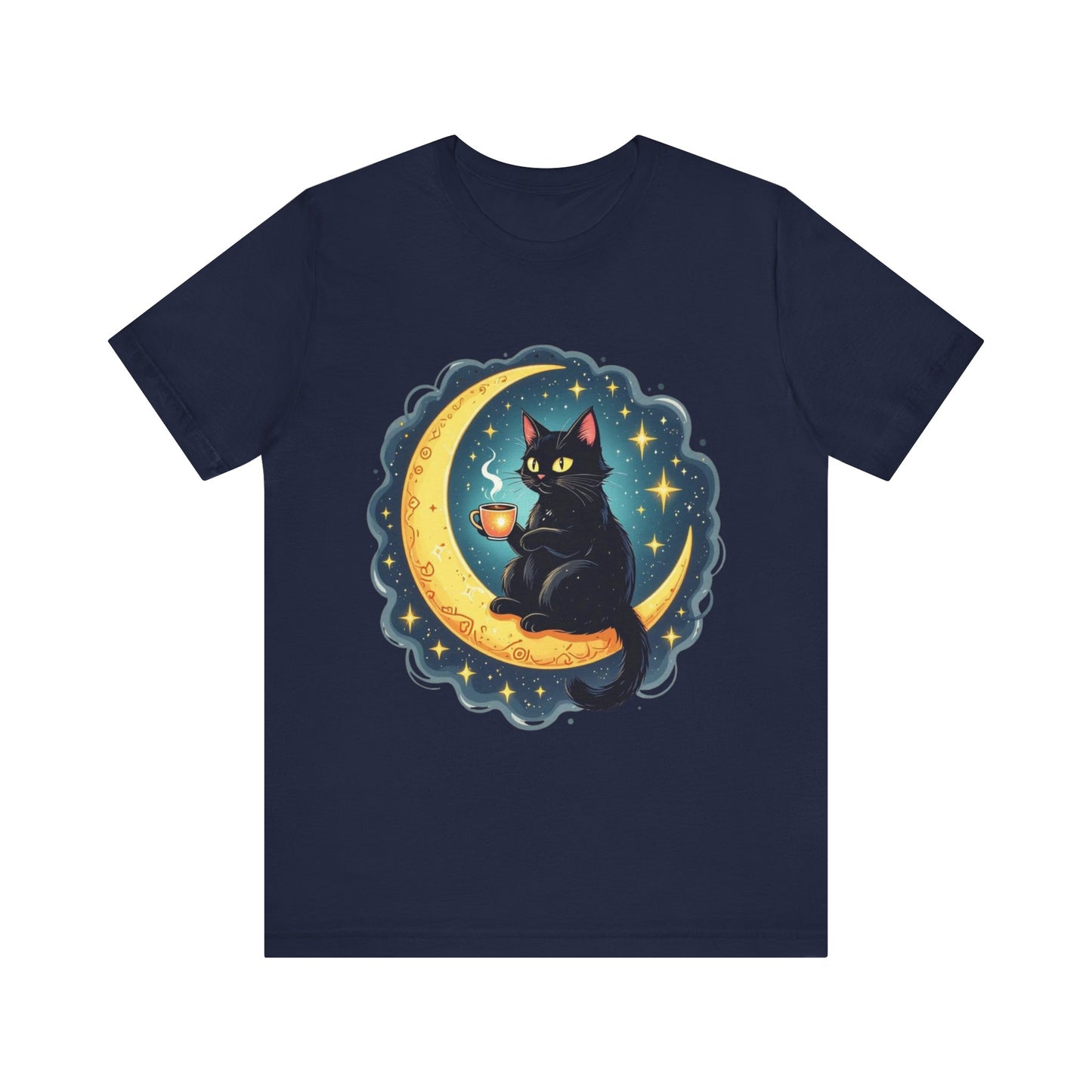 Mystical Black Cat on Crescent Moon T-Shirt | Cosmic Witchy Coffee Cat Tee
