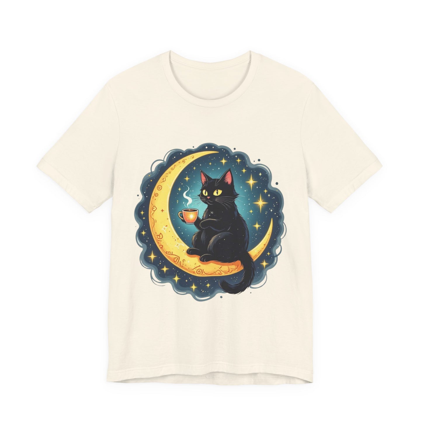 Mystical Black Cat on Crescent Moon T-Shirt | Cosmic Witchy Coffee Cat Tee