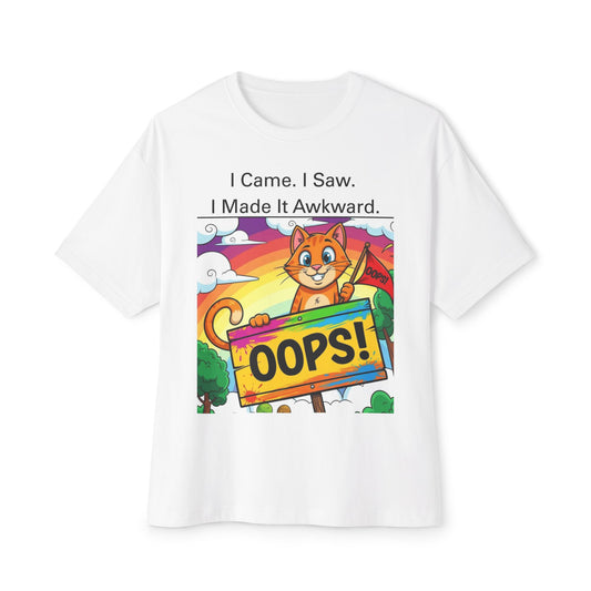 Oops Moments Cartoon Cat Unisex Tee, Awkward Encounter Oversized T-Shirt, Embrace Chaos Boxy Top, Introvert Gift, Cringe Apparel