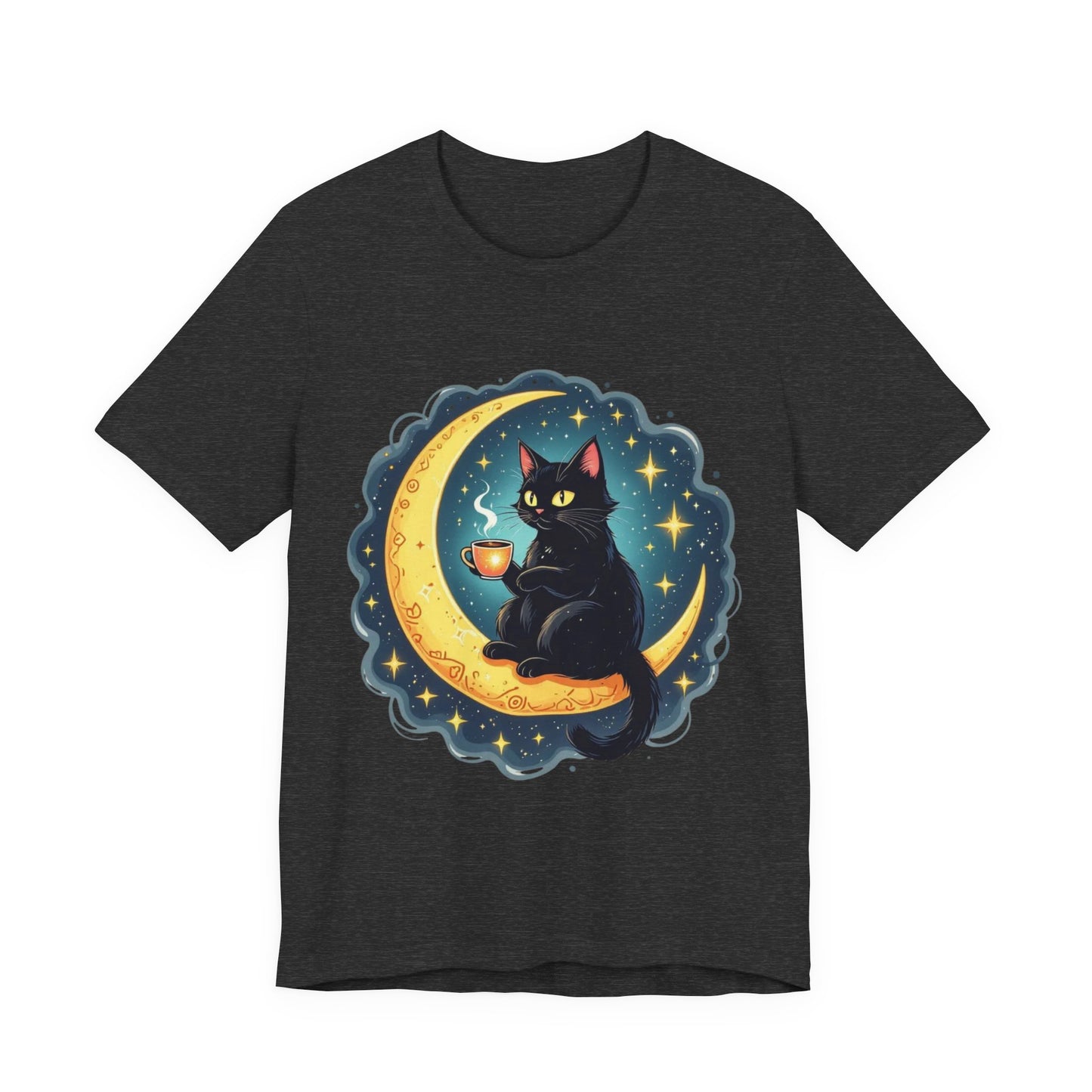 Mystical Black Cat on Crescent Moon T-Shirt | Cosmic Witchy Coffee Cat Tee