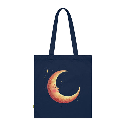 Crescent Moon Organic Tote Bag, Celestial Eco-Friendly Shopping Bag, Moon Phase Reusable Grocery Bag, Lunar Canvas Beach Tote, Stars Boho