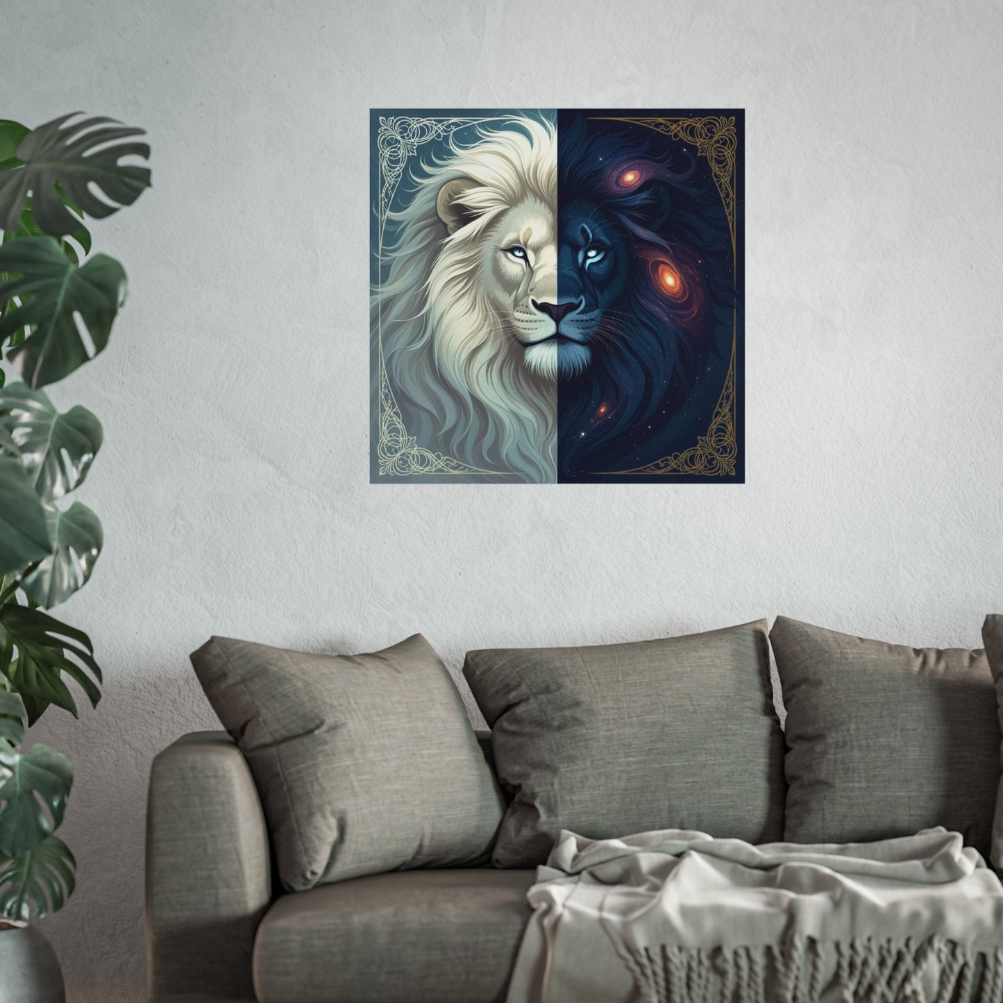 Duality Lion Art Print – Celestial White & Cosmic Black Lion Wall Décor