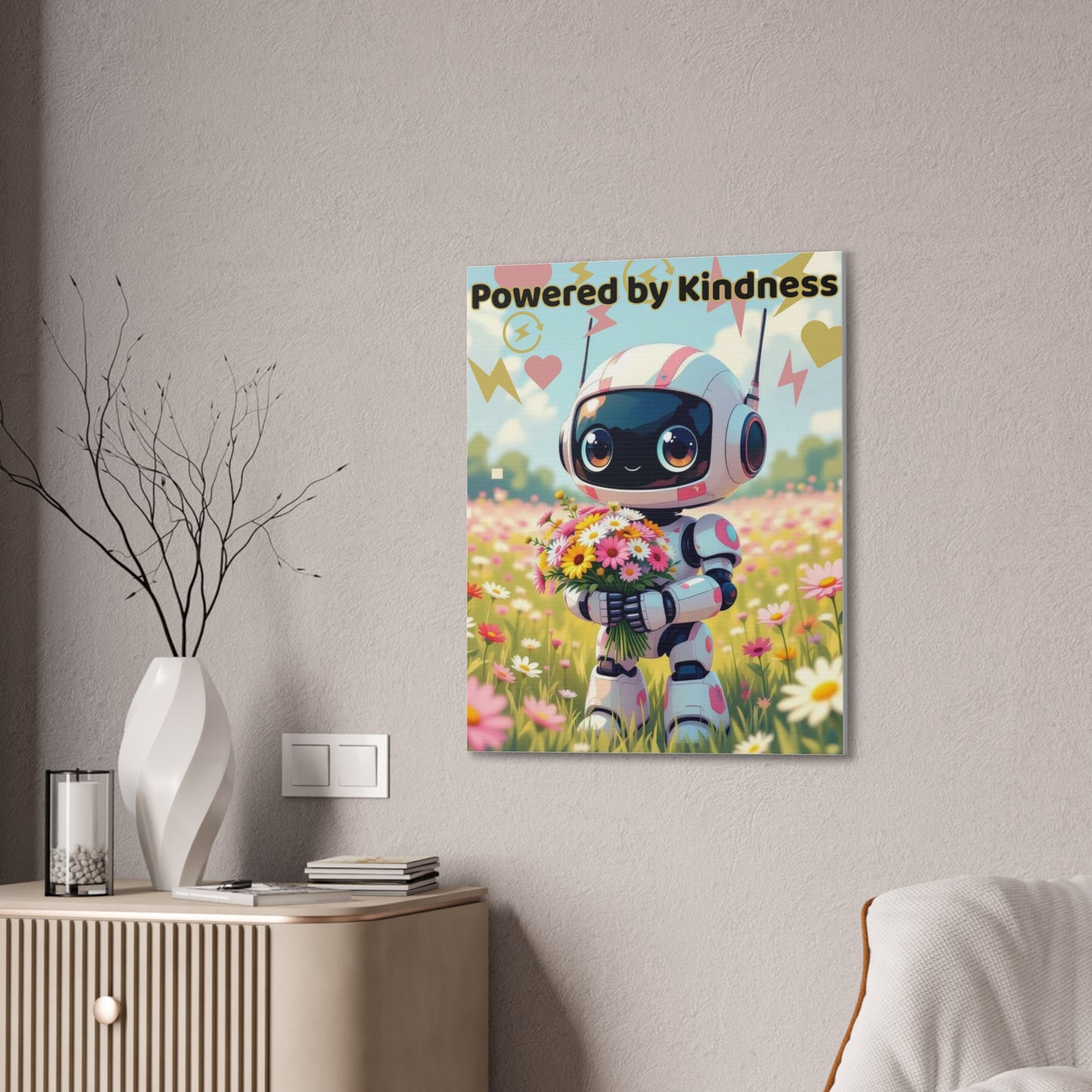 Whimsical Canvas Art Print - Powered by Kindness, Cute Robot Decor, Gift for Kids, Playroom Wall Art, Inspirational Home Decor, Unique [...]