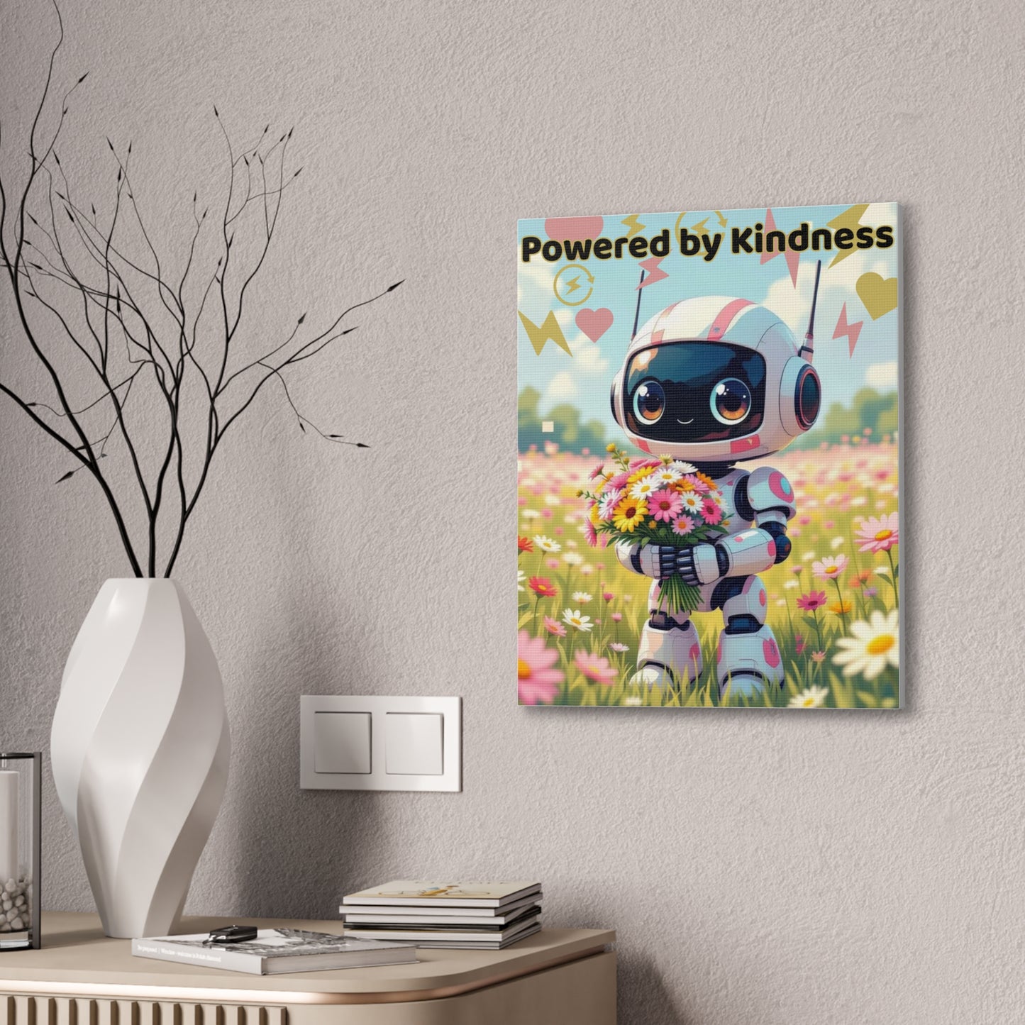 Whimsical Canvas Art Print - Powered by Kindness, Cute Robot Decor, Gift for Kids, Playroom Wall Art, Inspirational Home Decor, Unique [...]