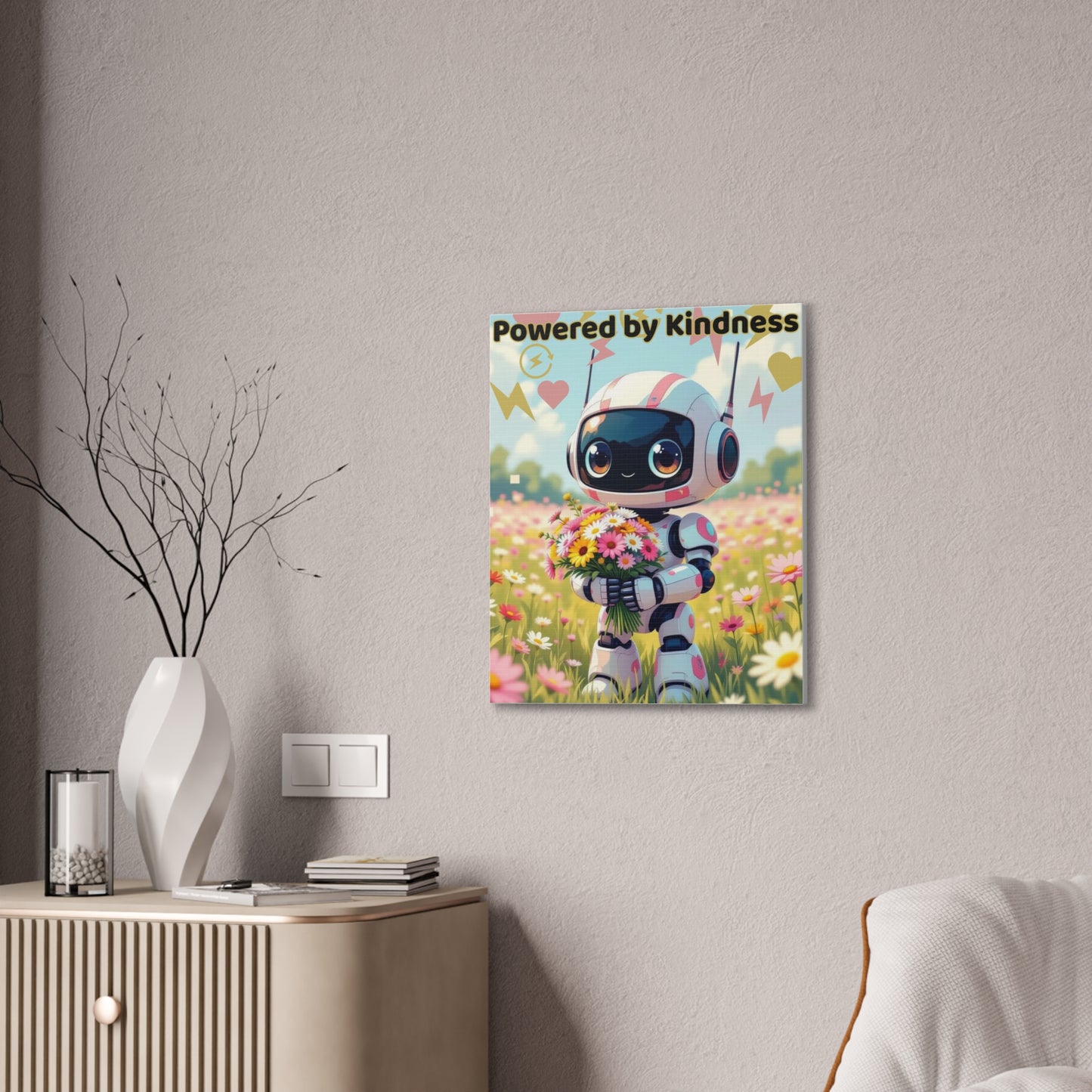 Whimsical Canvas Art Print - Powered by Kindness, Cute Robot Decor, Gift for Kids, Playroom Wall Art, Inspirational Home Decor, Unique [...]