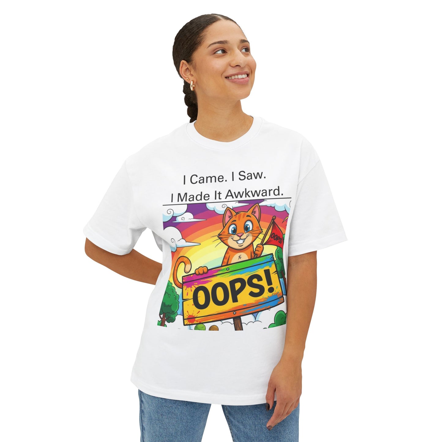 Oops Moments Cartoon Cat Unisex Tee, Awkward Encounter Oversized T-Shirt, Embrace Chaos Boxy Top, Introvert Gift, Cringe Apparel