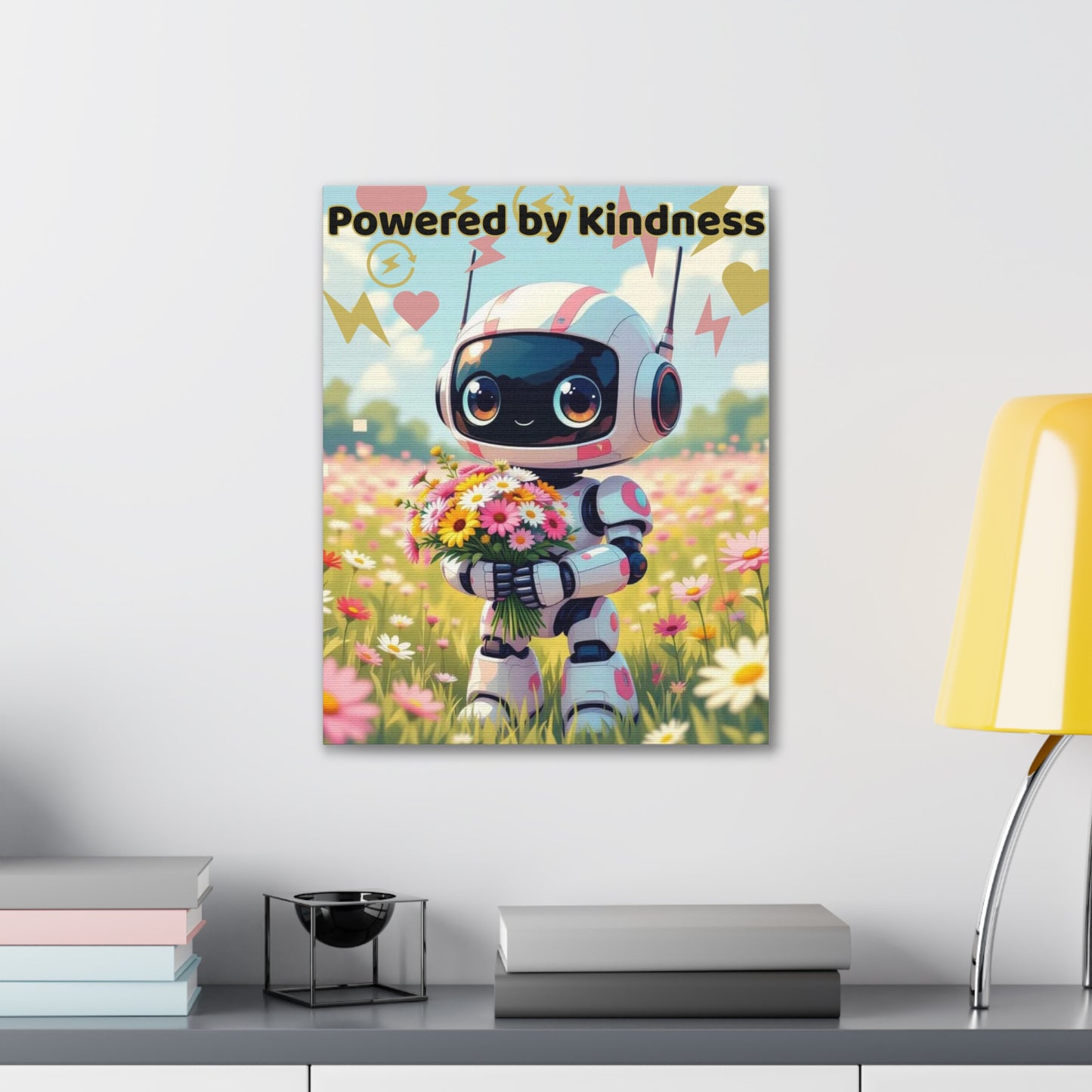 Whimsical Canvas Art Print - Powered by Kindness, Cute Robot Decor, Gift for Kids, Playroom Wall Art, Inspirational Home Decor, Unique [...]