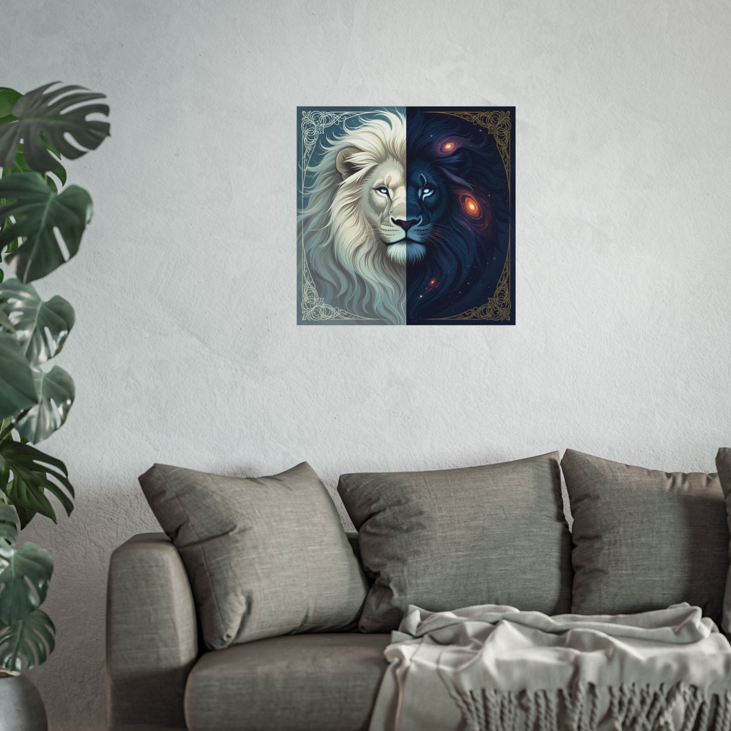 Duality Lion Art Print – Celestial White & Cosmic Black Lion Wall Décor