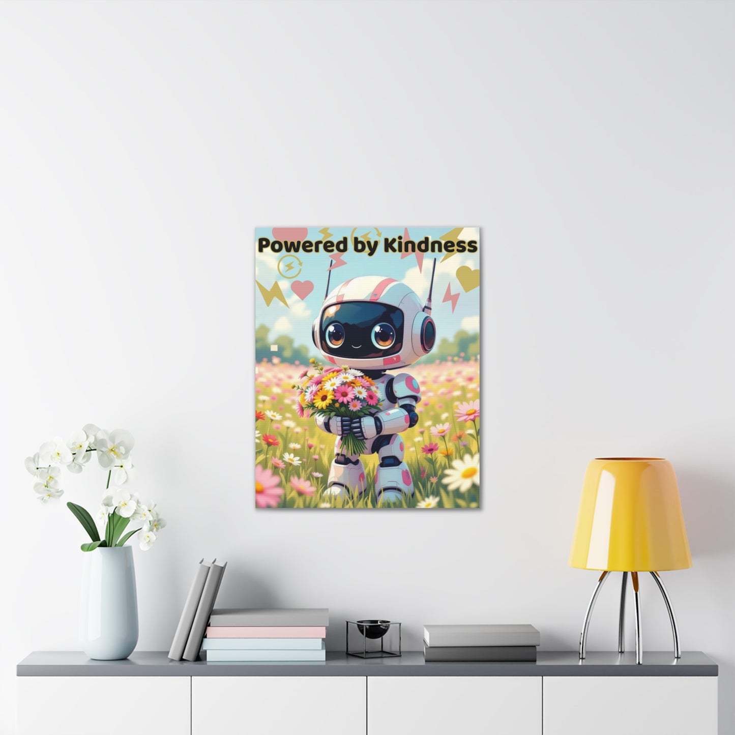 Whimsical Canvas Art Print - Powered by Kindness, Cute Robot Decor, Gift for Kids, Playroom Wall Art, Inspirational Home Decor, Unique [...]