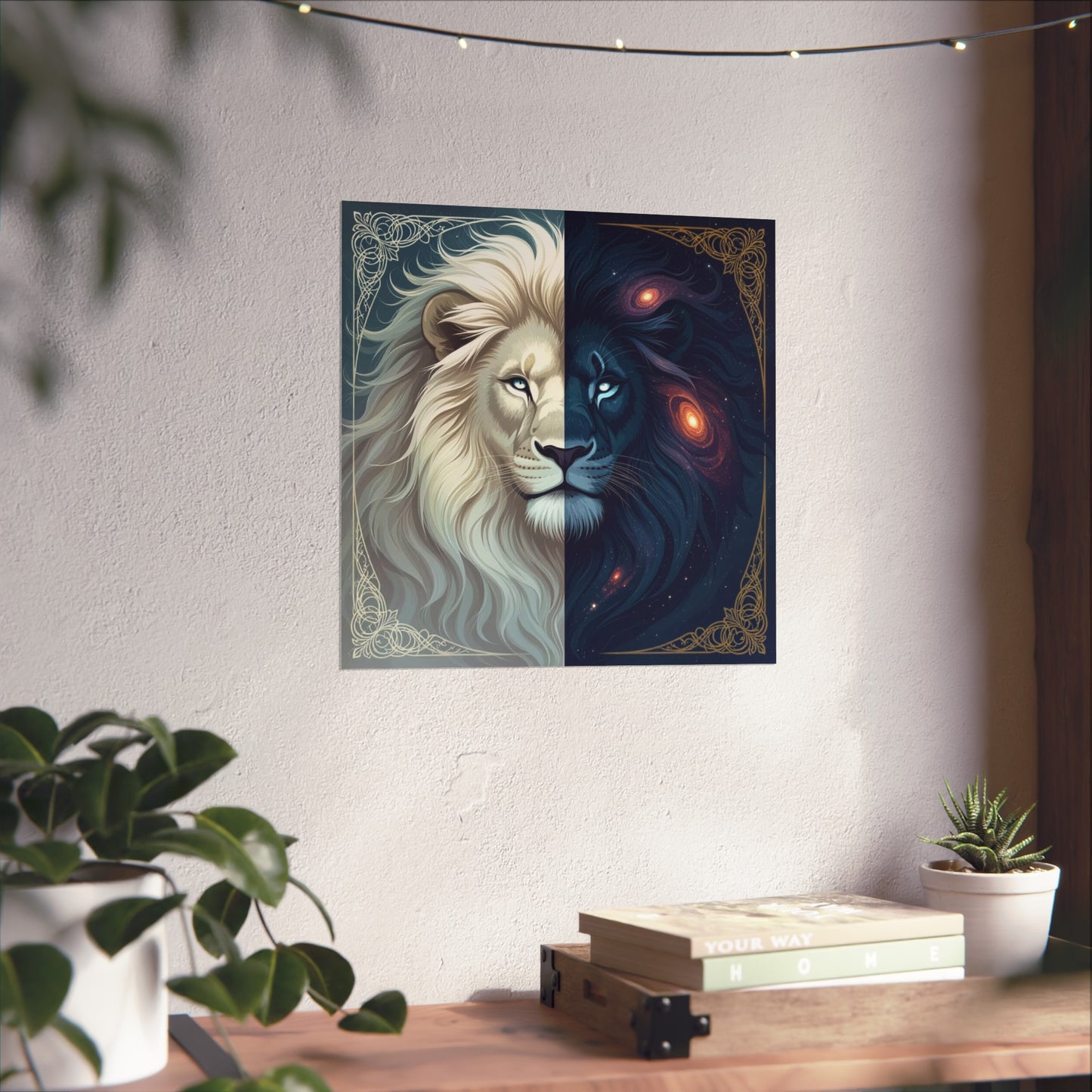 Duality Lion Art Print – Celestial White & Cosmic Black Lion Wall Décor