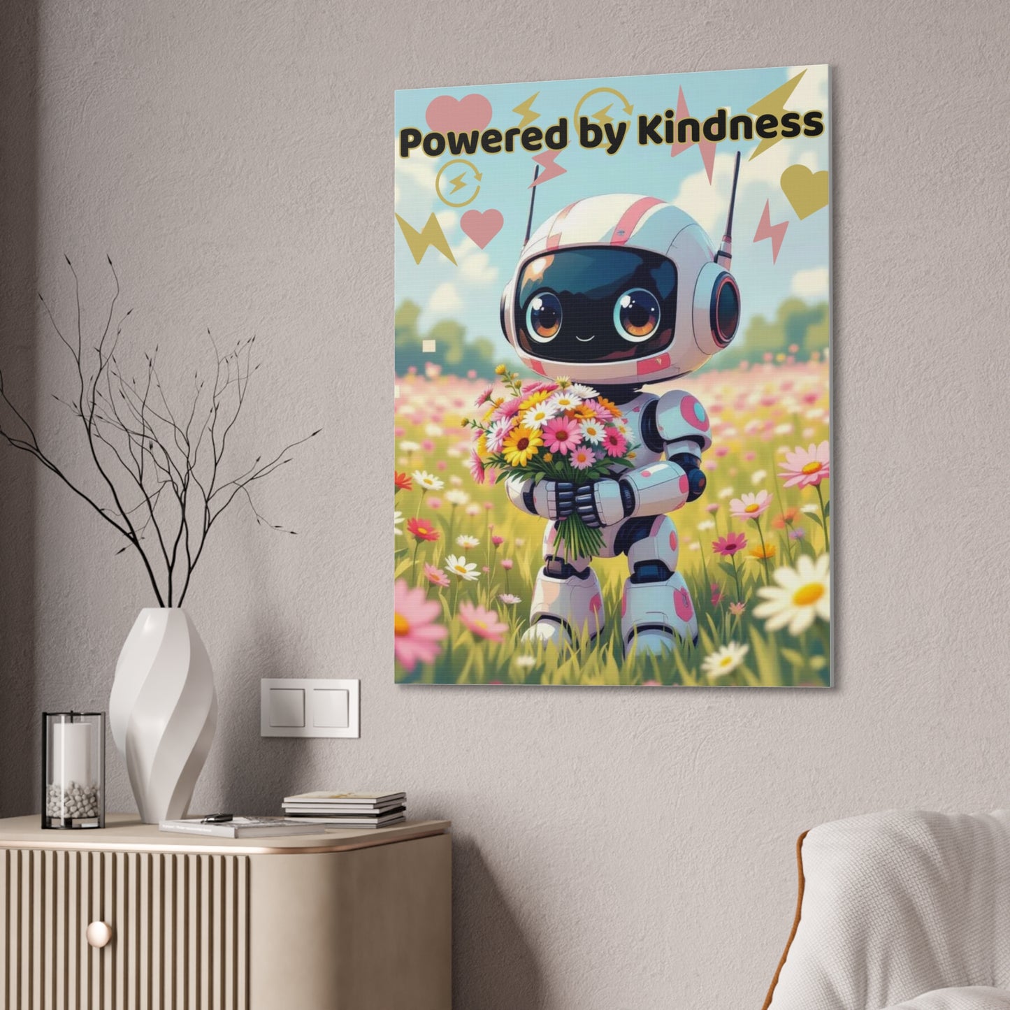 Whimsical Canvas Art Print - Powered by Kindness, Cute Robot Decor, Gift for Kids, Playroom Wall Art, Inspirational Home Decor, Unique [...]