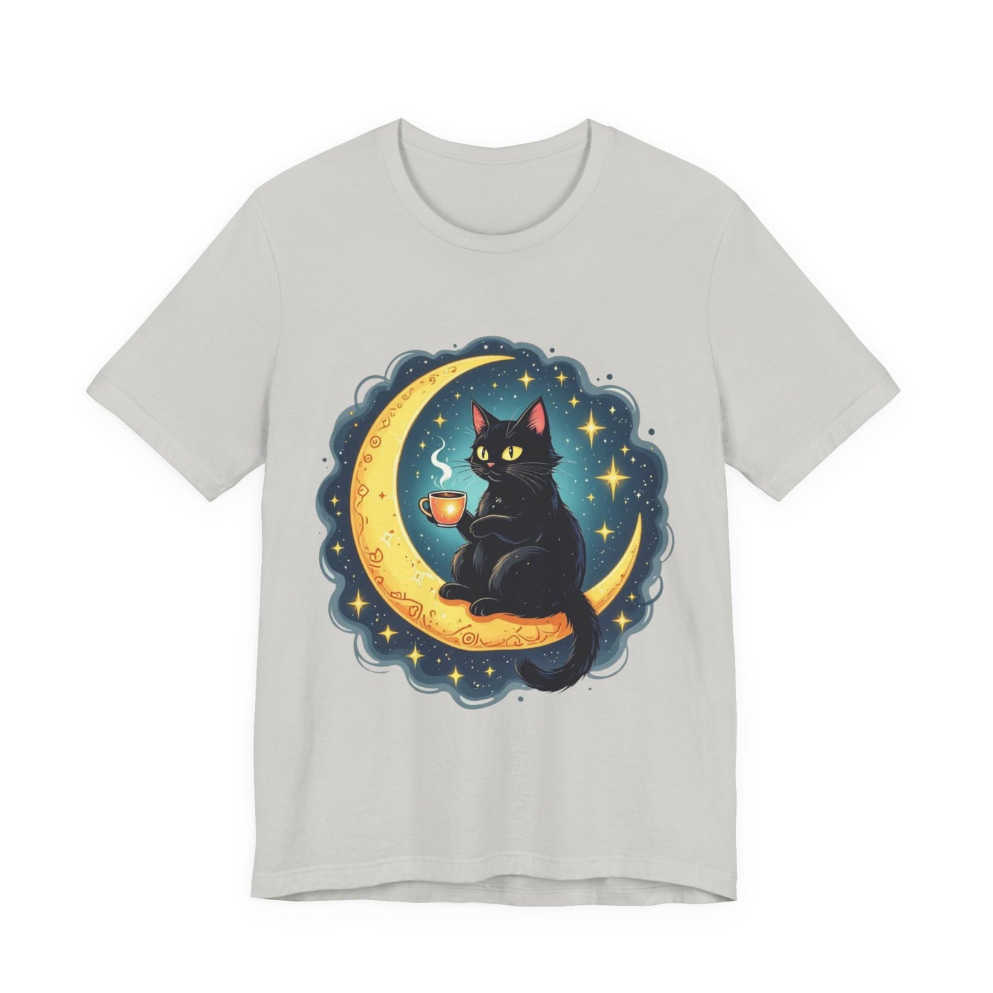 Mystical Black Cat on Crescent Moon T-Shirt | Cosmic Witchy Coffee Cat Tee