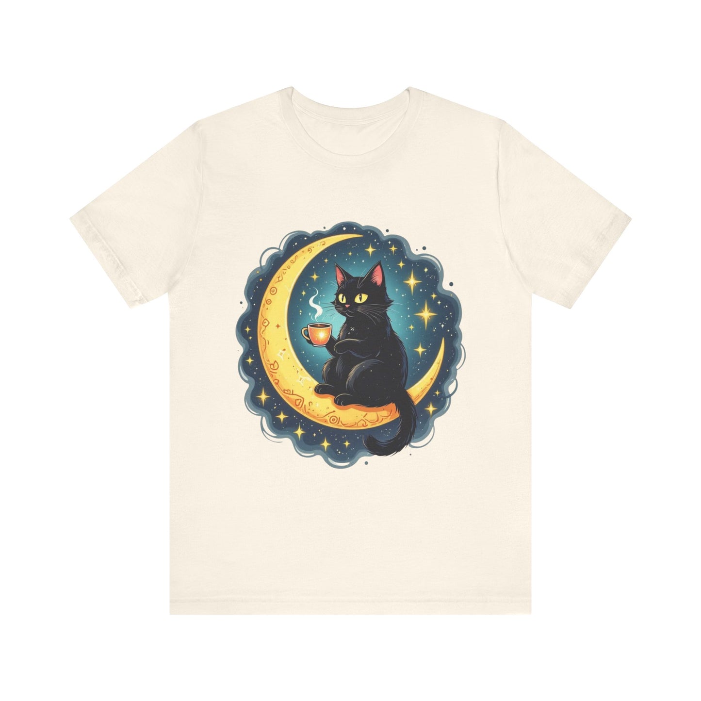Mystical Black Cat on Crescent Moon T-Shirt | Cosmic Witchy Coffee Cat Tee