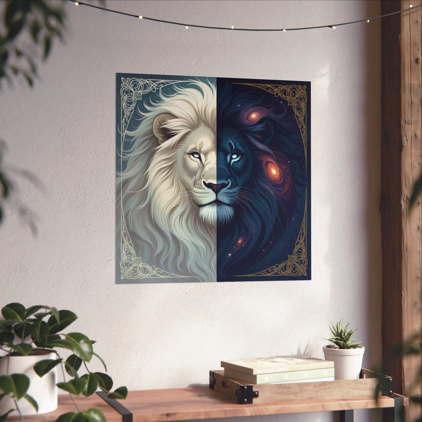 Duality Lion Art Print – Celestial White & Cosmic Black Lion Wall Décor