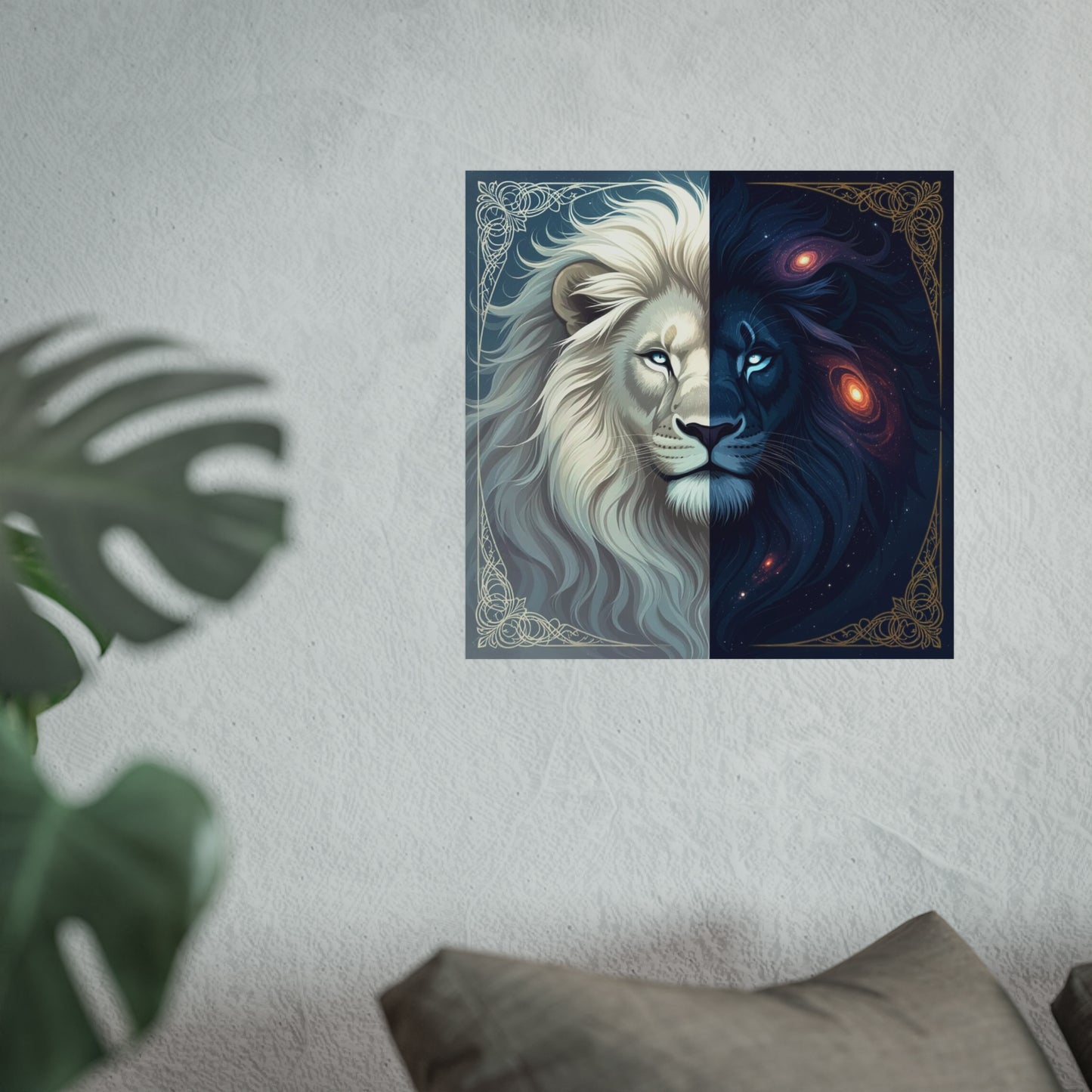 Duality Lion Art Print – Celestial White & Cosmic Black Lion Wall Décor