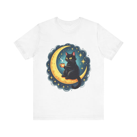 Mystical Black Cat on Crescent Moon T-Shirt | Cosmic Witchy Coffee Cat Tee