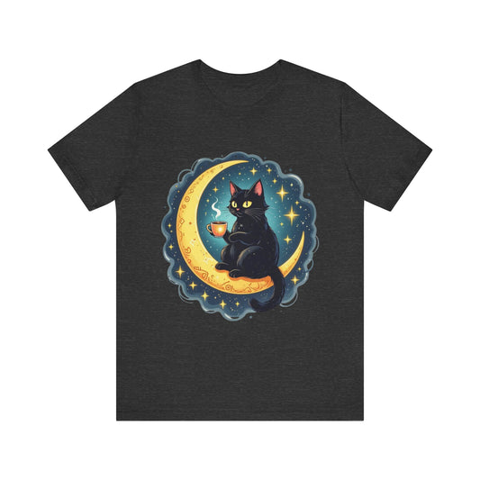 Mystical Black Cat on Crescent Moon T-Shirt | Cosmic Witchy Coffee Cat Tee